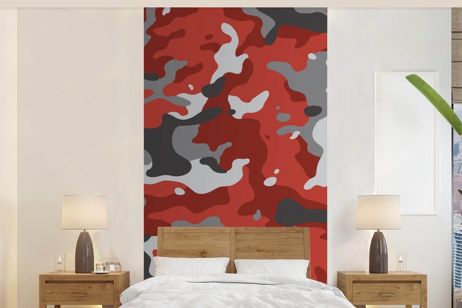 MuchoWow Fototapete Rot mit grauem Camouflage-Muster, Matt, bedruckt, (2 St), Vliestapete für Wohnzimmer Schlafzimmer Küche, Fototapete