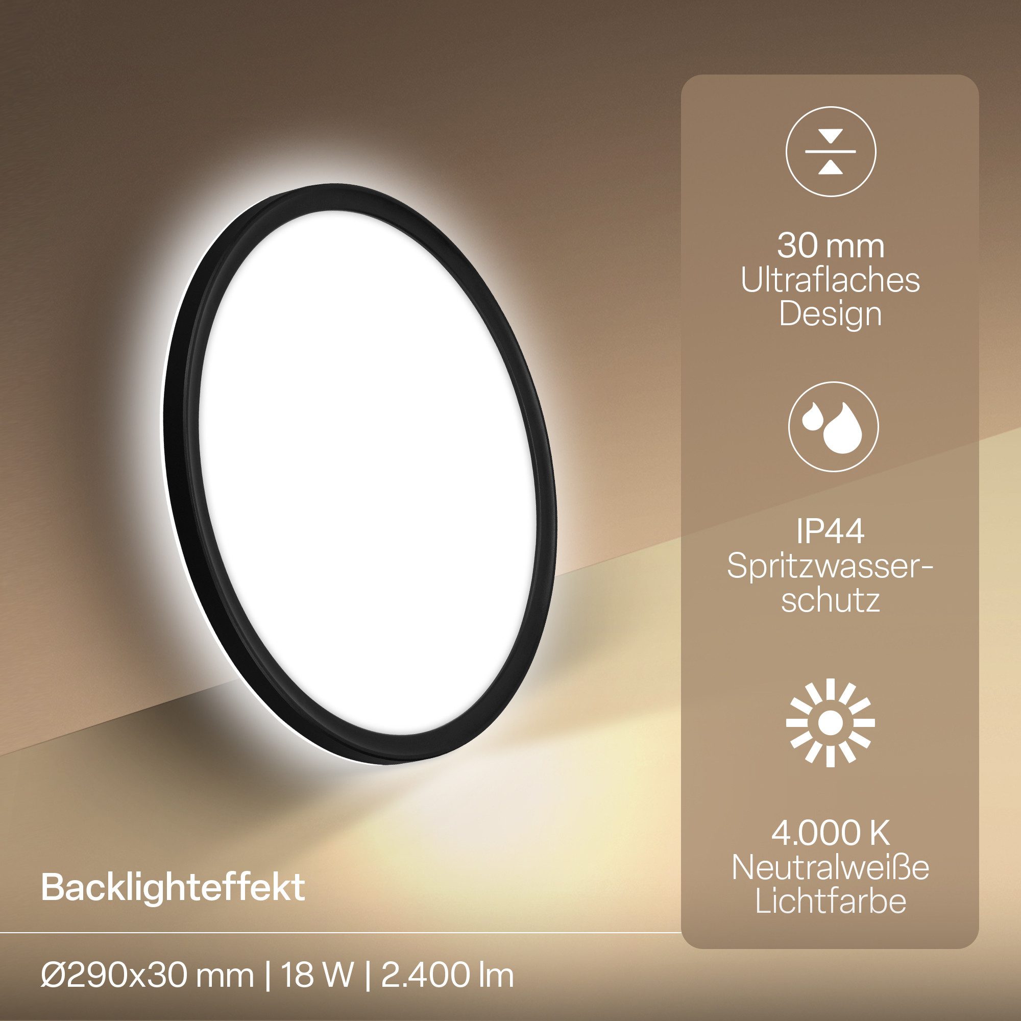 B.K.Licht LED Deckenleuchte Panel Flach 30mm Backlight Effekt LED Deckenlampe Wohnzimmer, LED fest integriert, 4000K - Neutralweiß, versch. Größen & Farben, Badezimmer, Küche, Wohnzimmer, Kinderzimmer