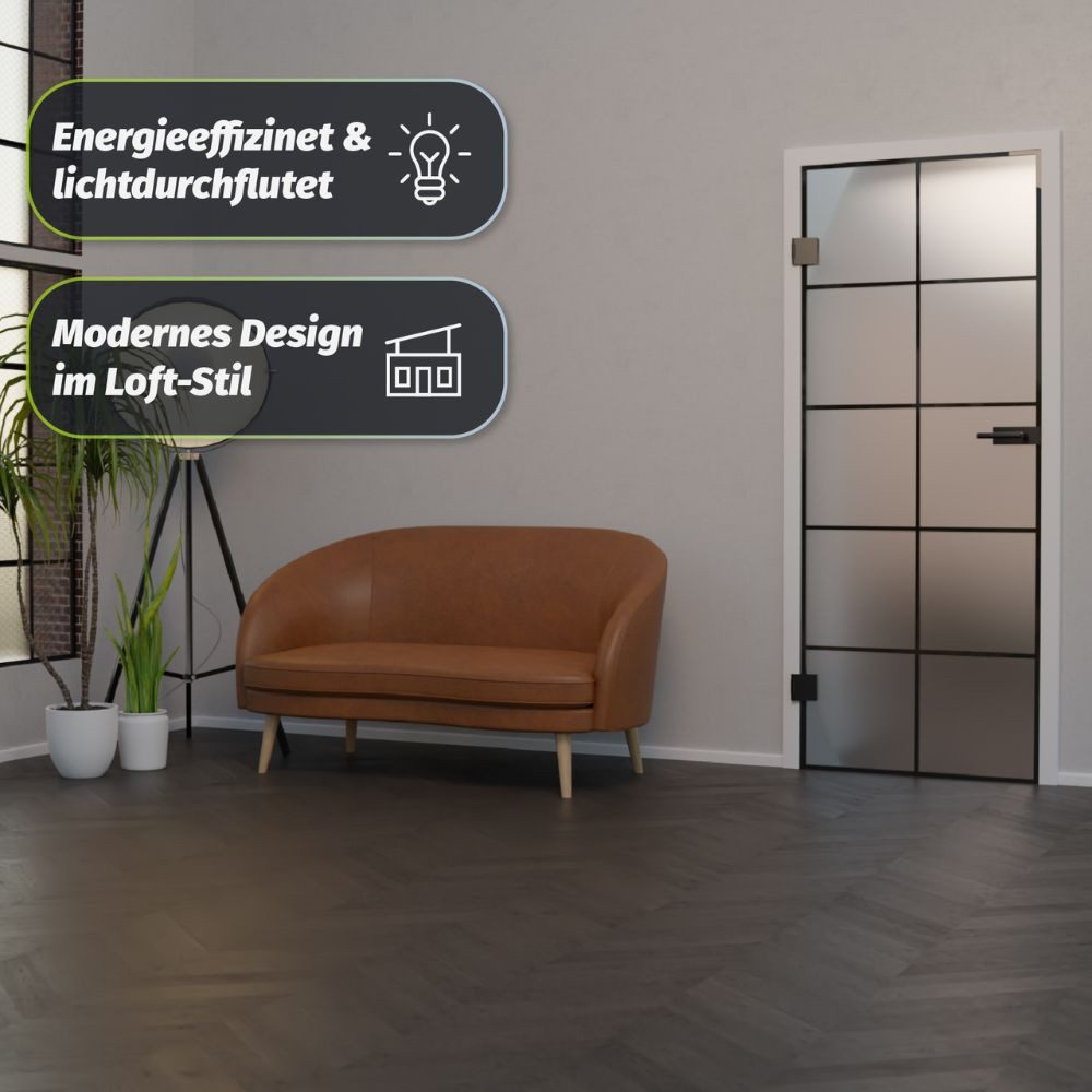 HORI Zimmertür Glastür aus ESG Glas Zimmertür Modernes Loft-Design in Schwarz, Thermisch behandeltes Glas, erhöhte Stoß- und Schlagfestigkeit