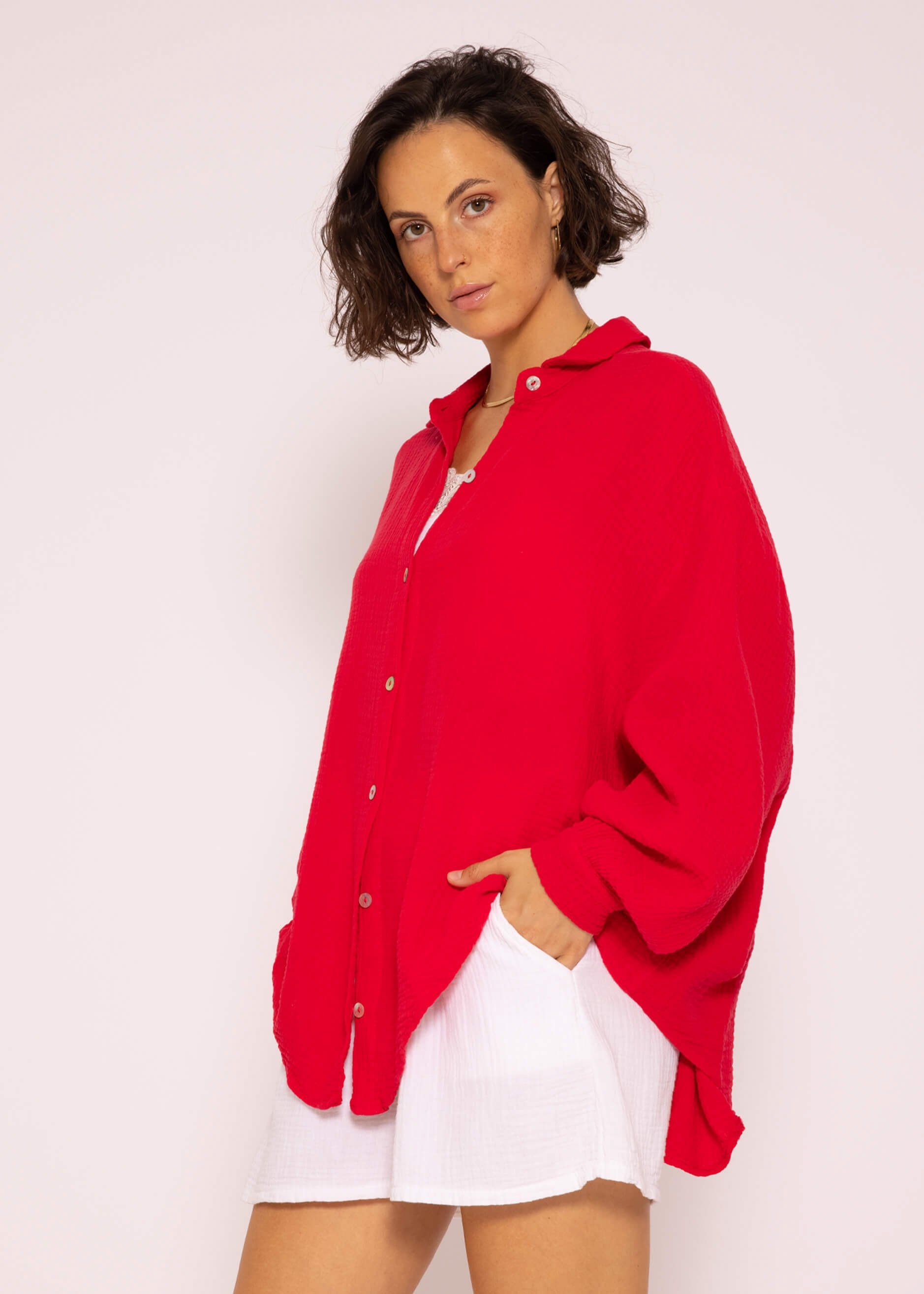 (Gr. Hemdbluse mit Oversize Longbluse 36-48) Size One Musselin Langarm Baumwolle SASSYCLASSY Bluse aus Rot Damen V-Ausschnitt, lang