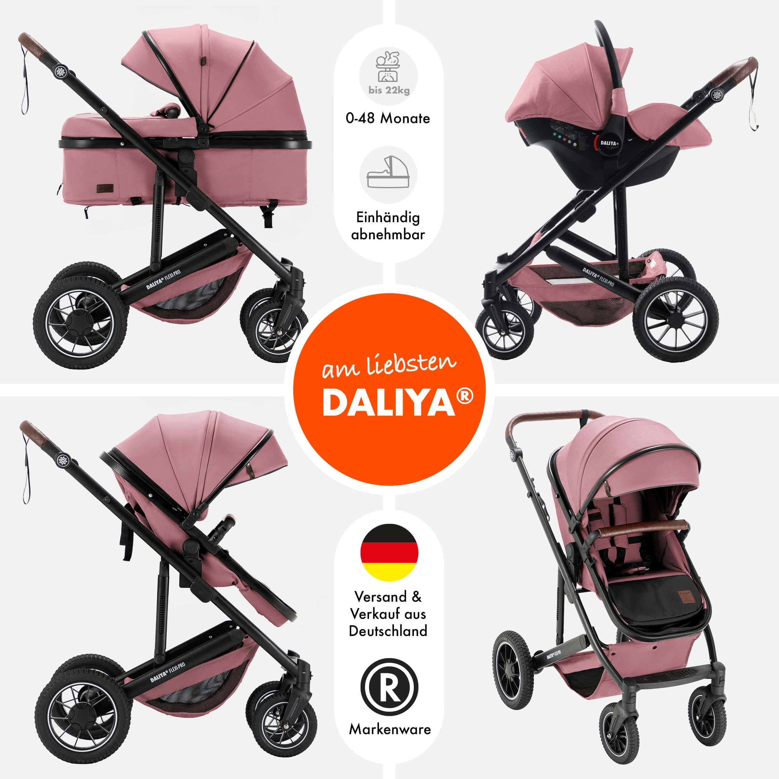Daliya® Kombi-Kinderwagen FLEXI-PRO M 3in1 Kinderwagen & Buggy, Reisekinderwagen, XXL Set, (XXL-Set mit i-Size Babyschale, 13-tlg), Einhändig abnehmbare Wanne, i-Size Babyschale, Alu-Rahmen, Gummireifen
