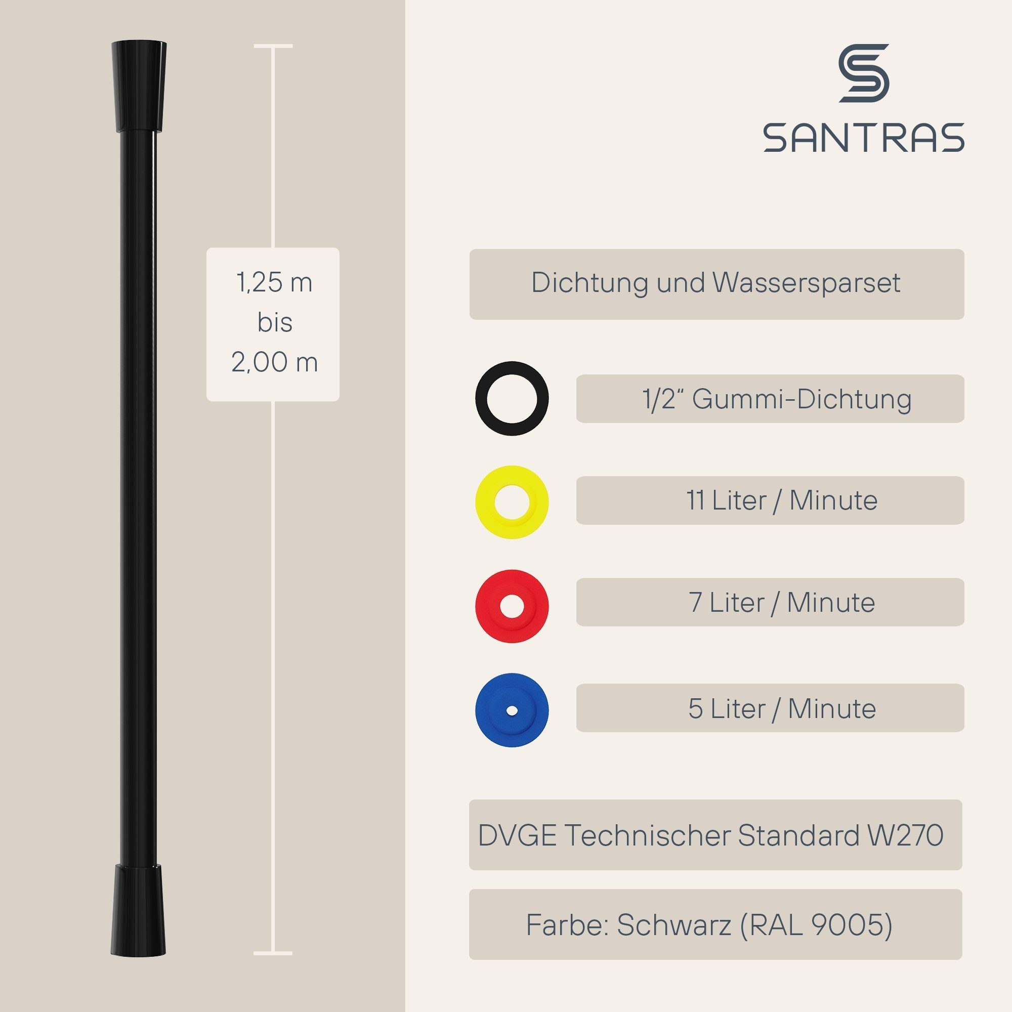 Santras Brauseschlauch Duschschlauch aus Kunststoff 1/2" in Schwarz (1,25, 1,50, 2,00 m)