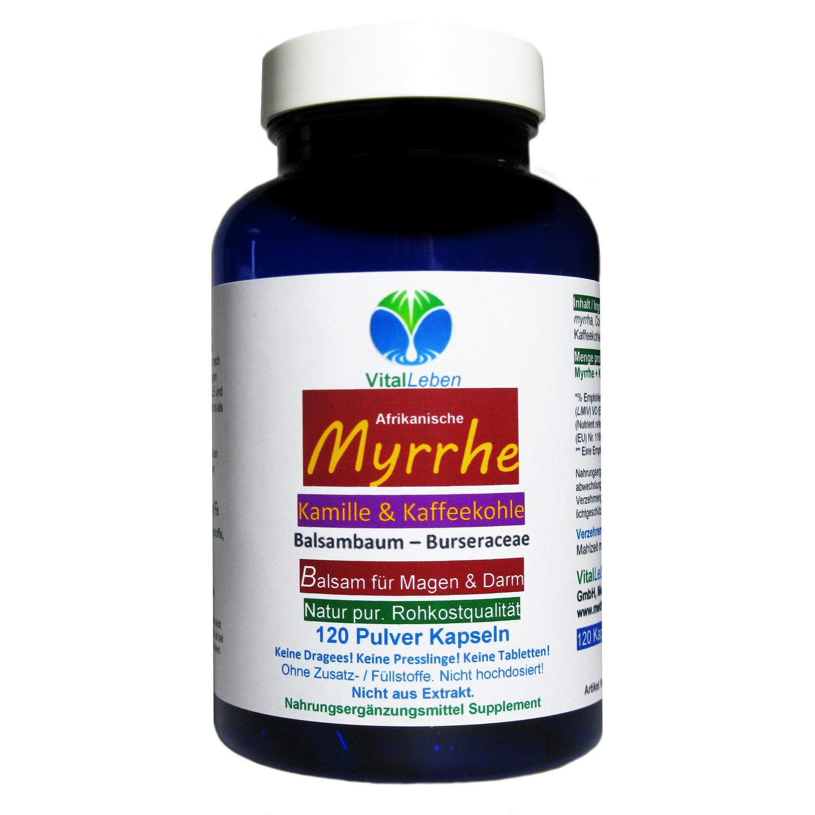 VitalLeben Myrrhe Kamille Kaffeekohle nach Hildergard v. Bingen ohne Zusatzstoffe Kapseln, 1 er Dose à 120 St., 60 g, Art. 27160-120