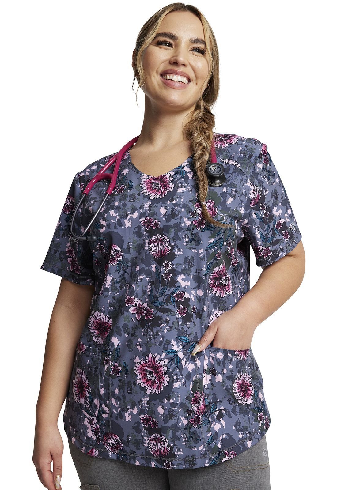 mit Kasack bedruckter Funktionsbluse Kasack Motiv "rosa Blumen" Dickies Damen Bunt