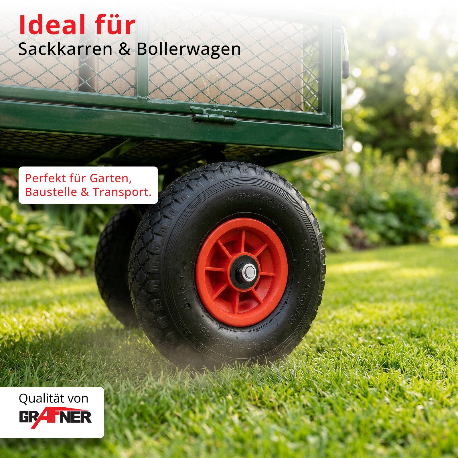 Grafner Ersatzrad Grafner® 2x Sackkarrenrad Bollerwagenrad 3.00-4 PU Vollgummibereifung, Gesamt Duchmesser: 26 cm, Reifenbreite: 8 cm, Nabenlänge: 7 cm – Bild 5 von 5