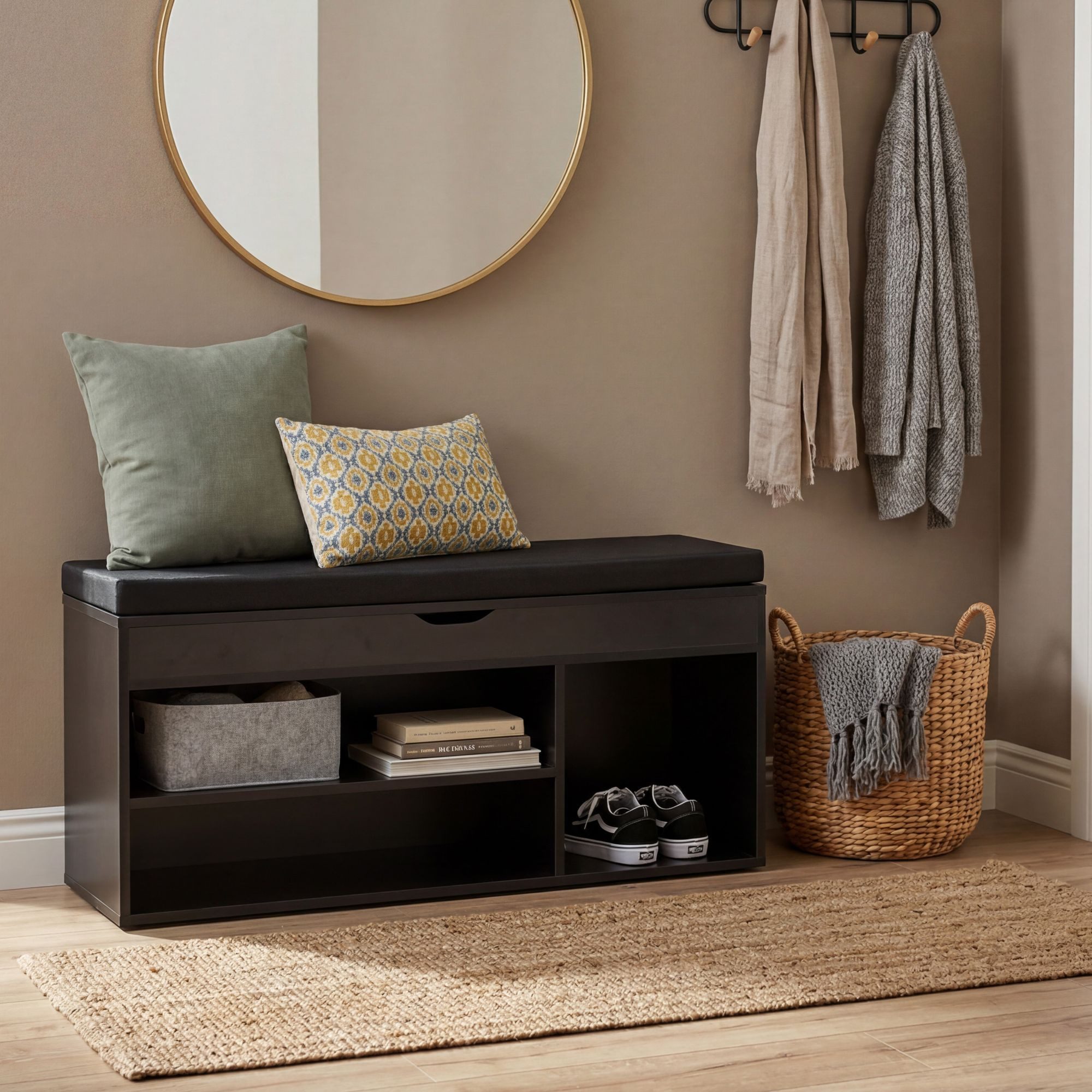 FINEBUY Schuhbank FB116472 104 cm Garderobenbank Sitzbank Stoff Flurbank Schwarz (mit Sitzfläche Garderobenbank 104x51x32 cm), Sitzbank Schmal Flur mit Stauraum, Truhenbank