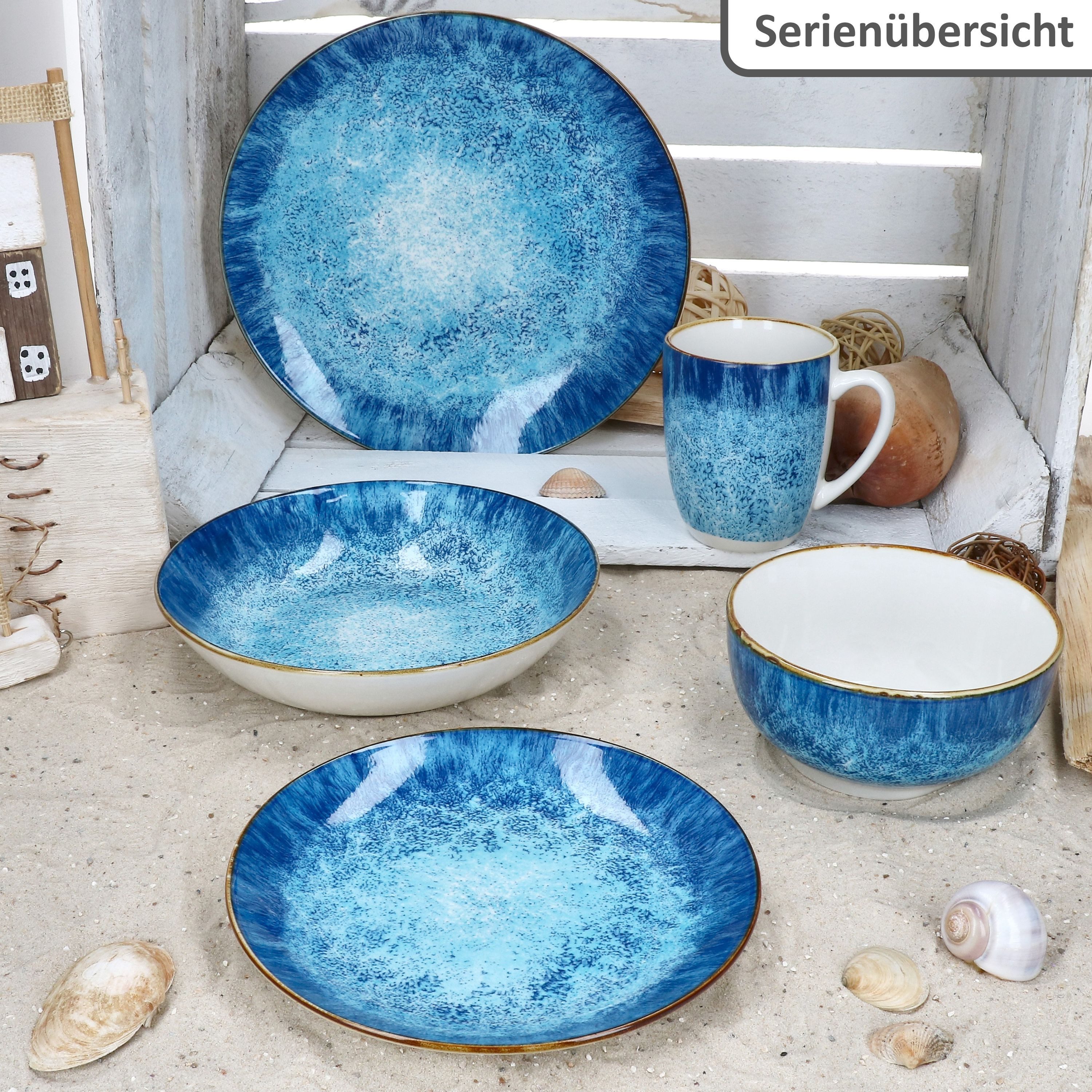 MamboCat Frühstücksteller Marina 6er Set Kuchenteller Porzellan 6 Pers blaue Dessert-Teller