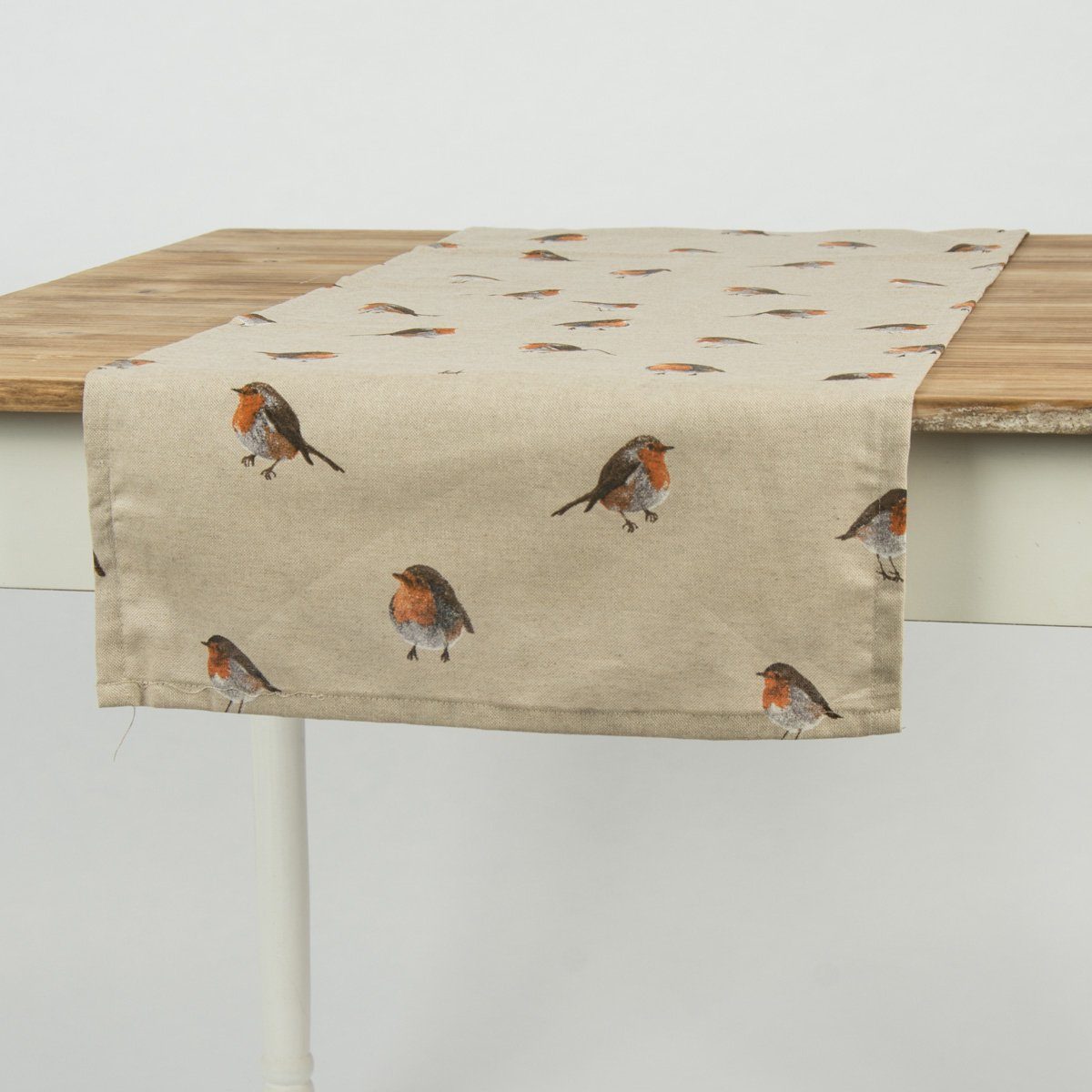 SCHÖNER LEBEN. Tischläufer Schöner Leben Tischläufer Vogel Rotkehlchen  natur braun 40x160cm, handmade