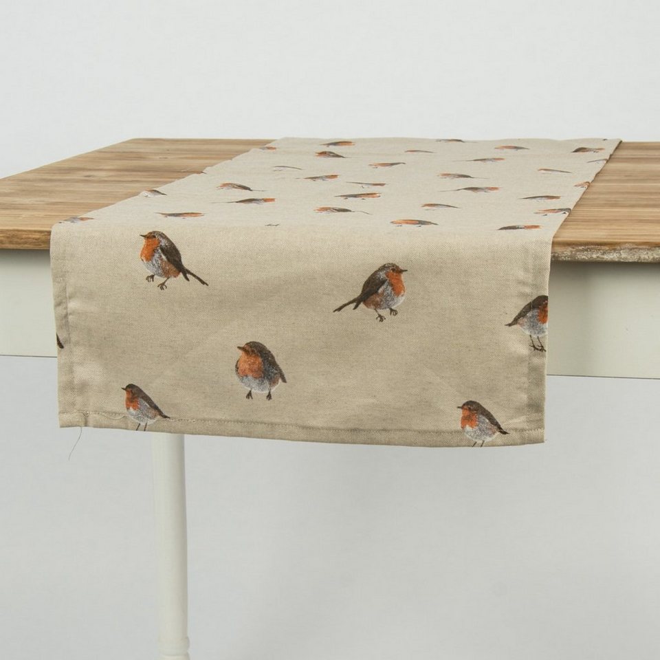 SCHÖNER LEBEN. Tischläufer Schöner Leben Tischläufer Vogel Rotkehlchen  natur braun 40x160cm, handmade