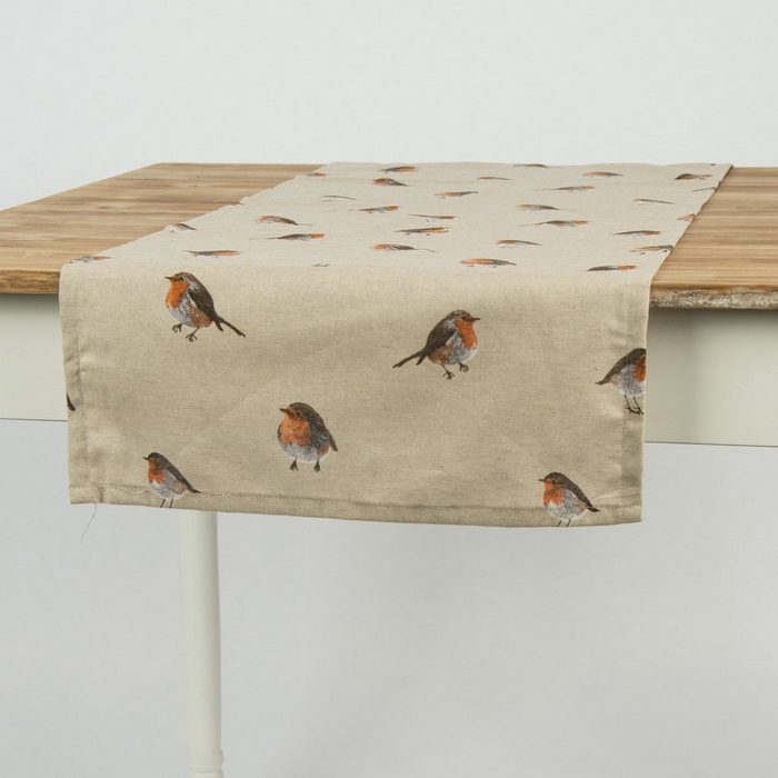 SCHÖNER LEBEN. Tischläufer Schöner Leben Tischläufer Vogel Rotkehlchen natur braun 40x160cm handmade