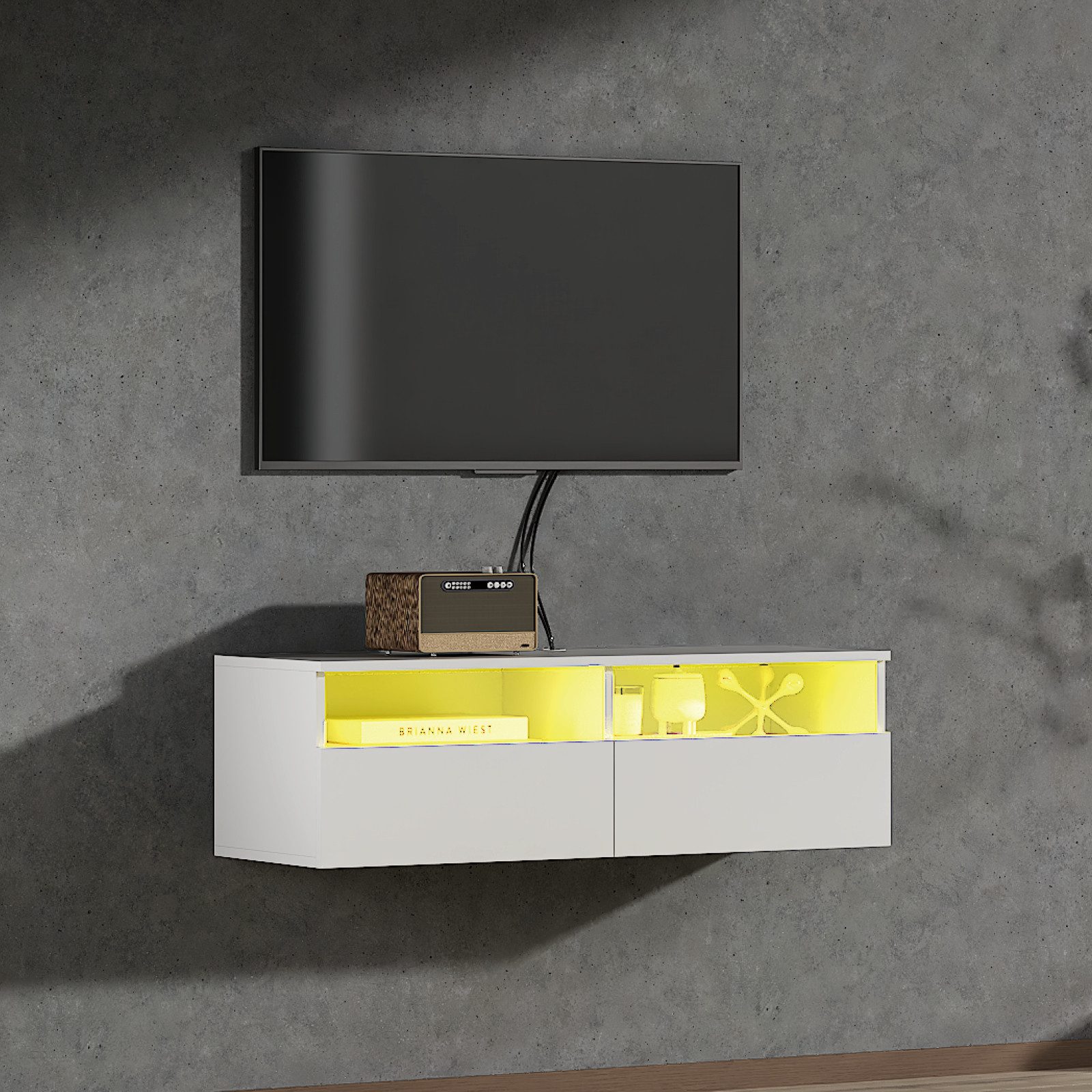 radelldar Lowboard mit LED-Beleuchtung, TV-Schrank, hängend (1 St), 100 cm breit, griffloses TV-Board, 2 Schubladen mit Acryl