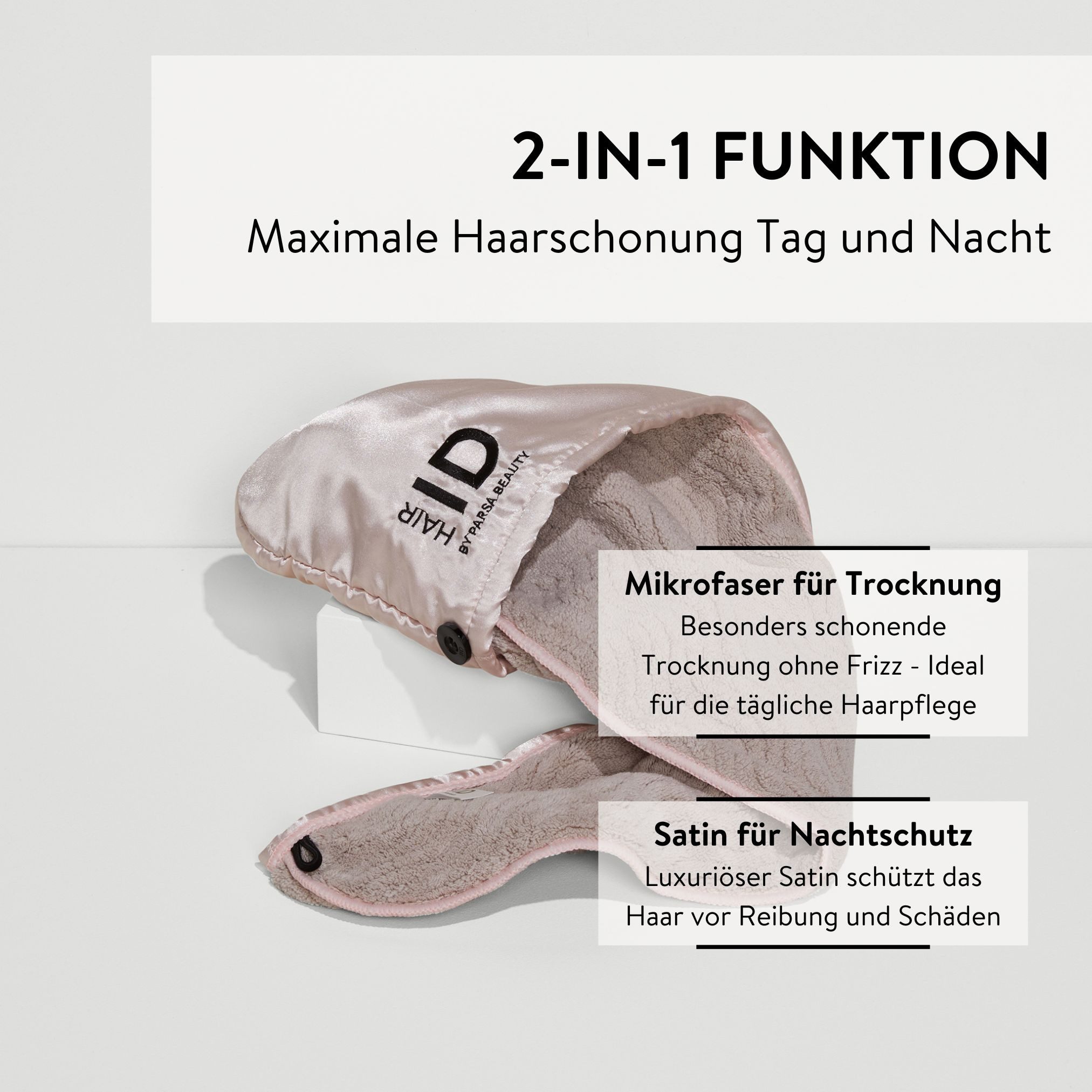 PARSA Beauty Turban Hair ID 2in1 Haarturban, Mikrofaser & Satin für Schutz und Trocknung