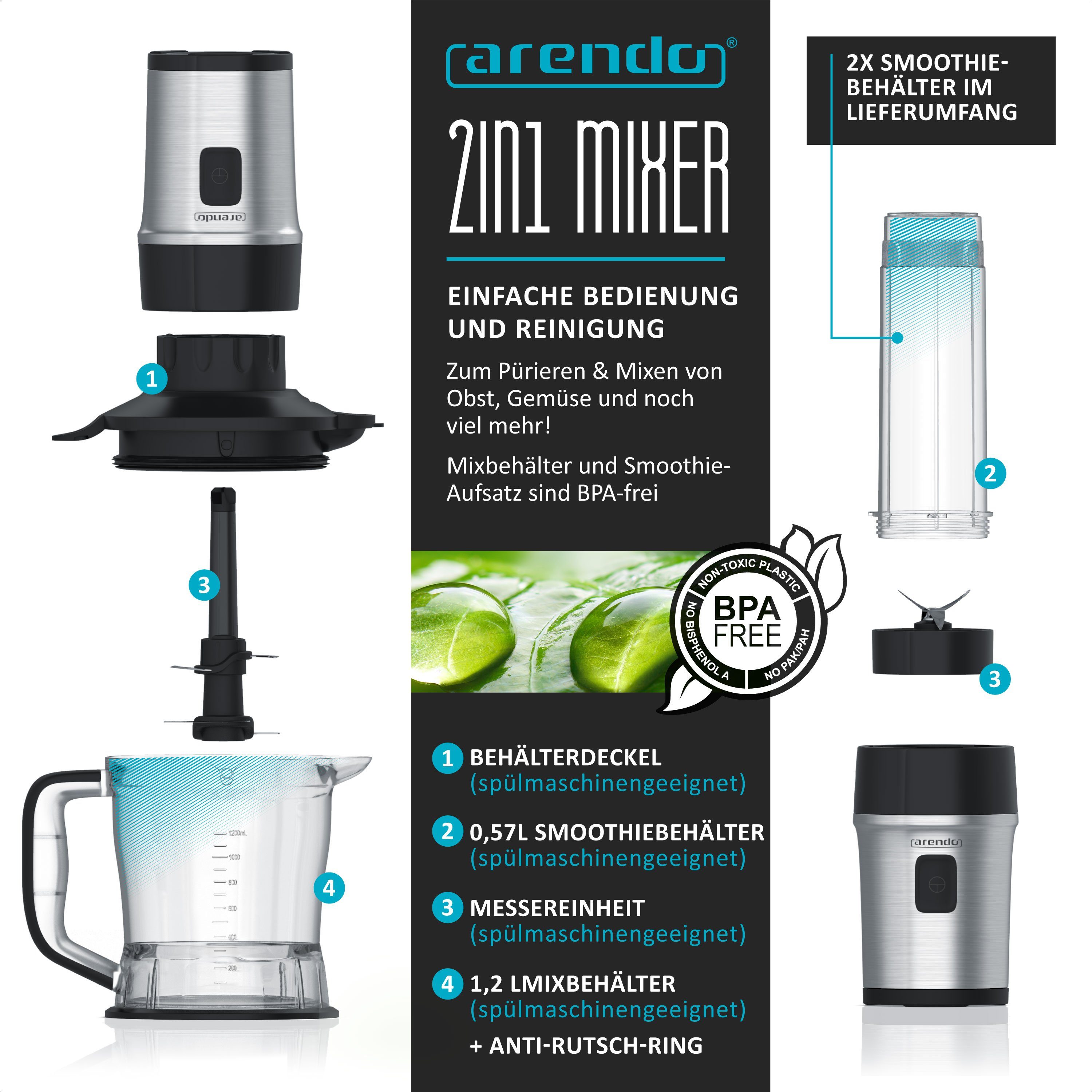 Arendo Standmixer Edelstahl Mixer & Zerkleinerer 1,2L 2IN1 inkl. 2x Mixbehälter je 0,57L, 700 W, Blender, Mix & Go Smoothie / Shake Mixer, Edelstahlmesser – Bild 5 von 5
