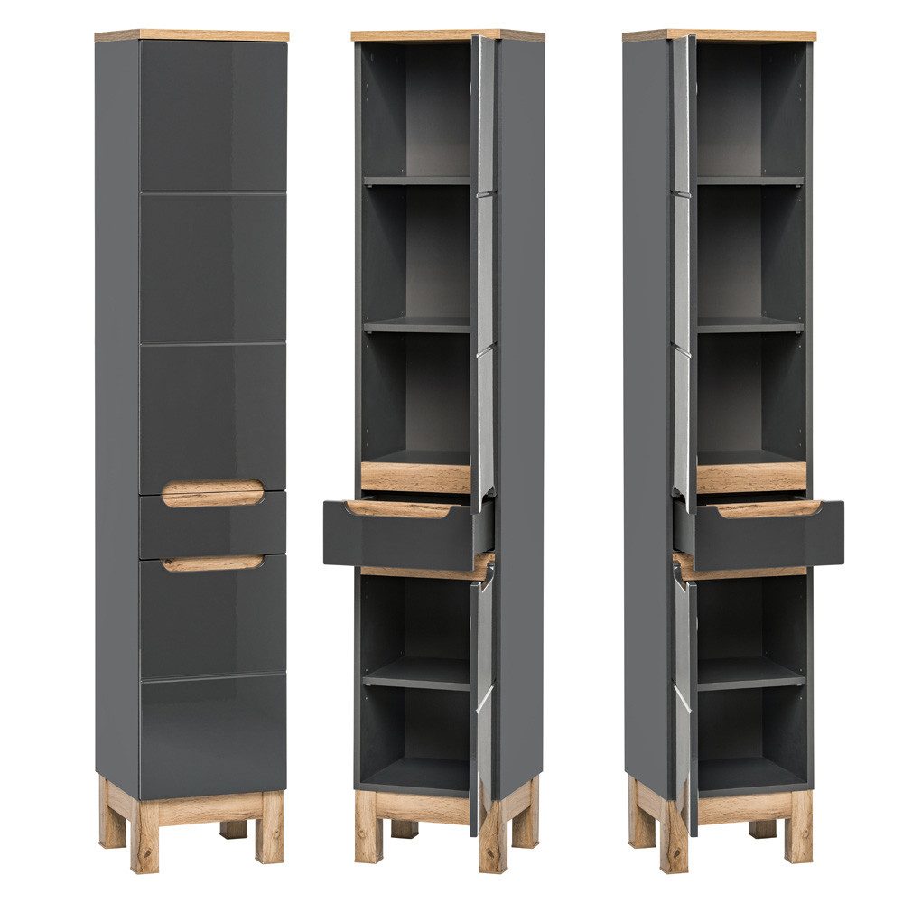 Lomadox Hochschrank SOLNA-56 Badezimmer inkl. Standfüßen, Hochglanz grau, BxHxT ca. 35x187x33cm