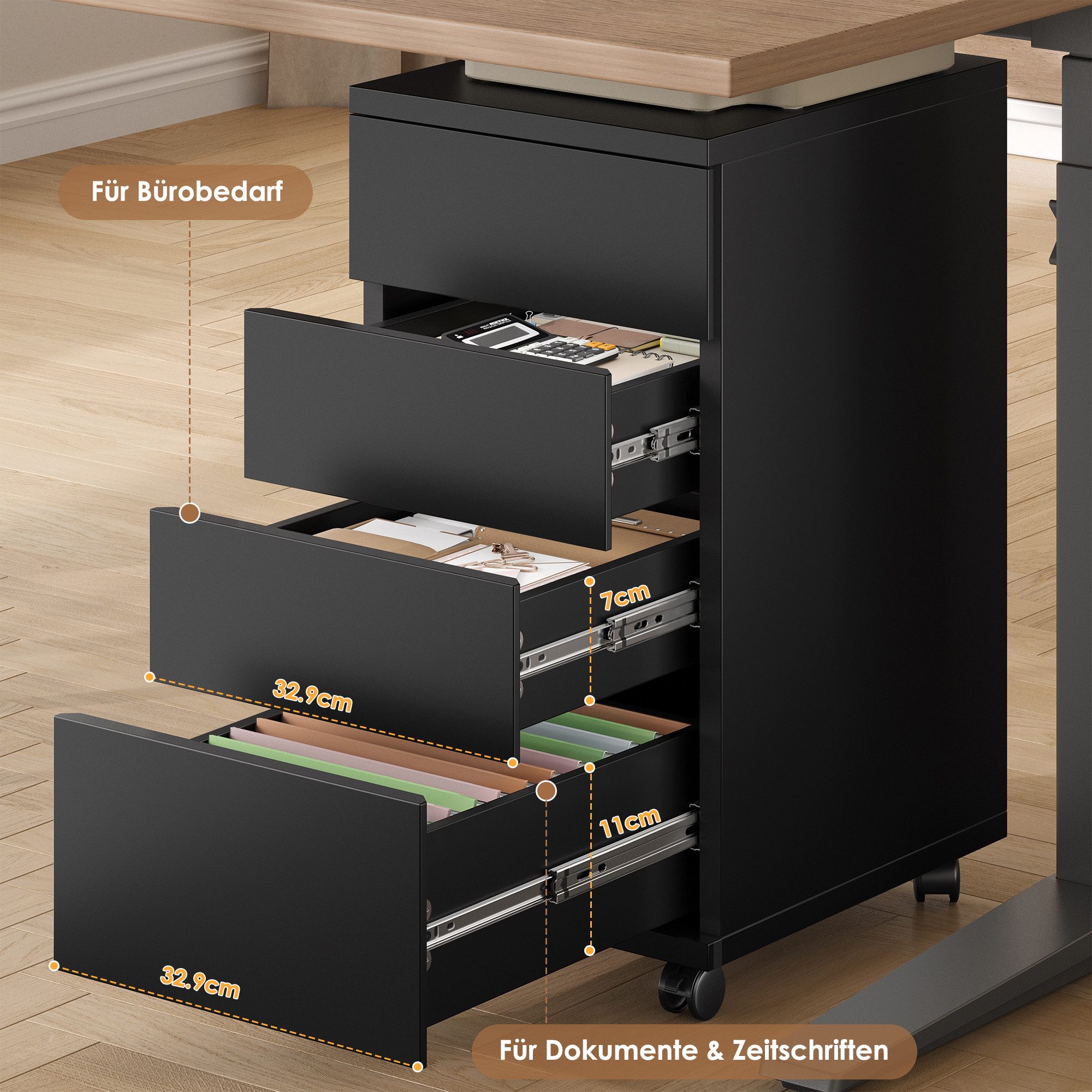HOMECHO Aktenschrank mit 4 Schubladen Aktenschrank mit Rollen, Büroschrank