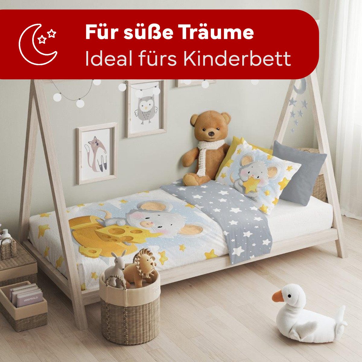 texpot Bettwäsche Kinderbettwäsche Maus Käse bedruckt Garnitur, 2 teilig
