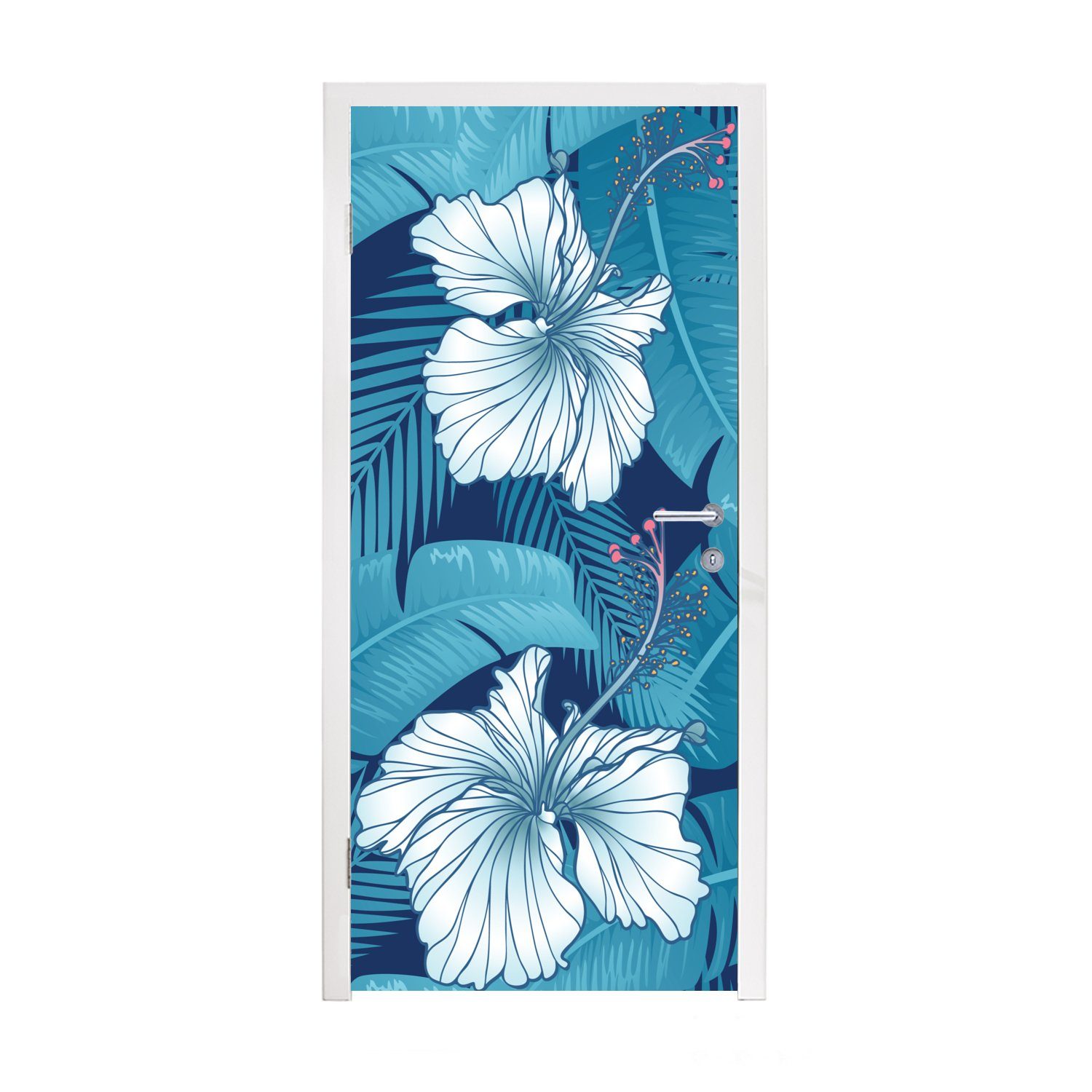 Tür, für - (1 St), bedruckt, Fototapete Türtapete cm Blumen Blau, - 75x205 MuchoWow Matt, Türaufkleber, Tropisch