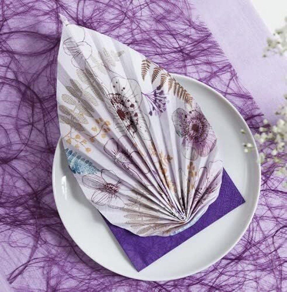 HOME FASHION Papierserviette Blumen, Swirly Lila, 2 x Servietten + Tischläufer Vlies, Sommer, Frühlng, Herbst, Winter, Tischdeko Motiv