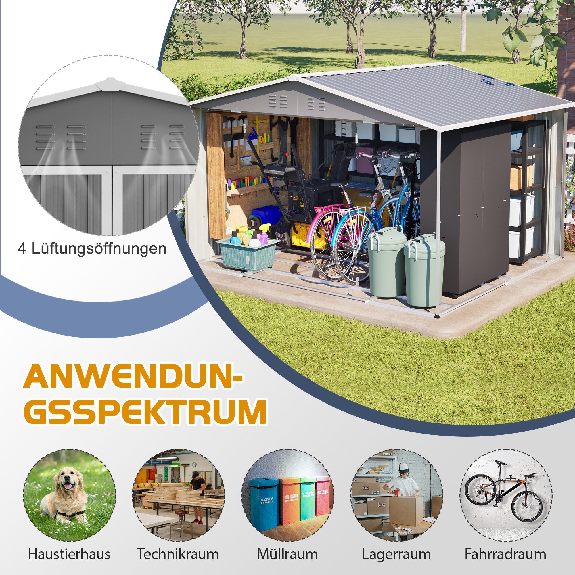 Rolipo Gerätehaus Großes Witterungsbeständiges Gartenhaus Metallfundament (ohne Boden), BxT: 300x252 cm, (Set), Innenmaße ca. 289 x 239 x 155cm für Rasenmäher,F – Bild 4 von 5