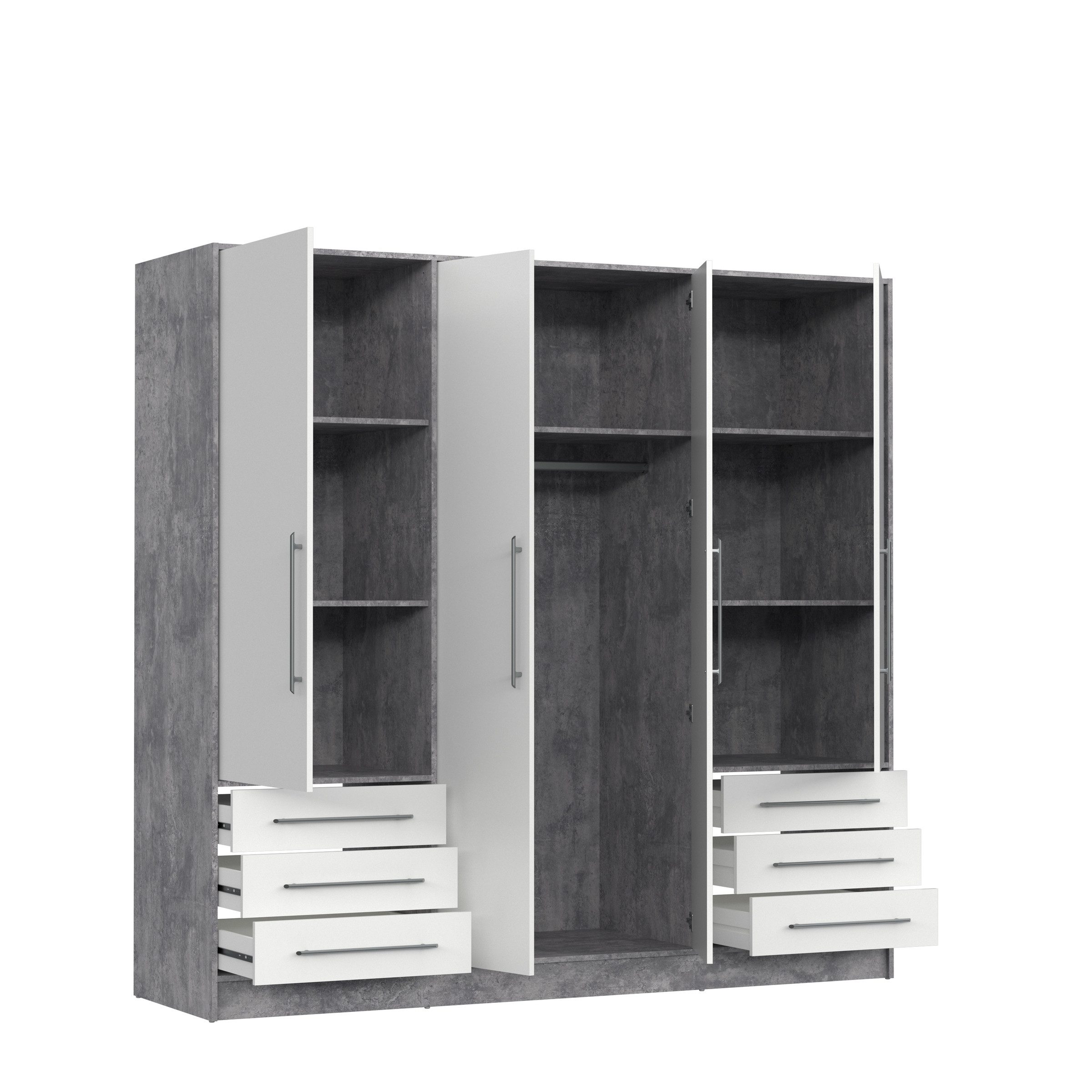 FORTE Drehtürenschrank 4 Türen, 6 Schübe, Betonoptik / Weiss - 206,5x200x60 (BxHxT)