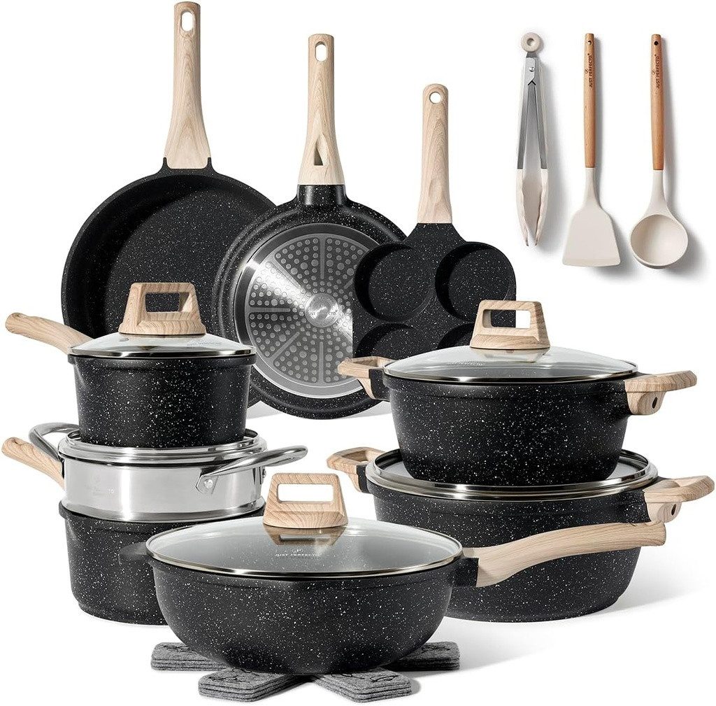 Just Perfecto Kochtopf Just Perfecto 21-teiliges Granit-Kochgeschirr-Set Schwarz, Kochtopfset Granitoptik