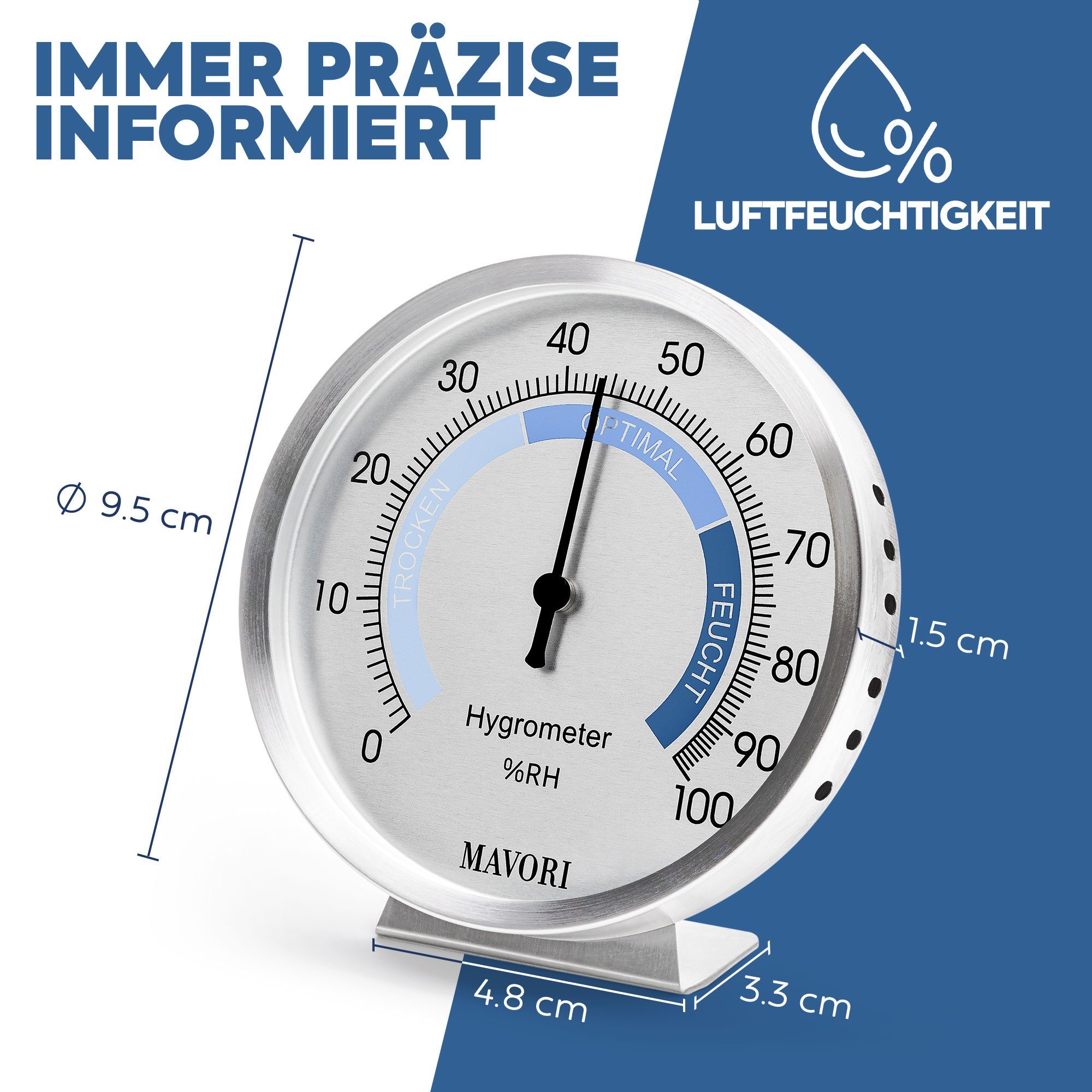 MAVORI Hygrometer analog aus Edelstahl - präzise und stilvoll - Ø 9,5cm, batteriefreier Betrieb (Bi-Metall)