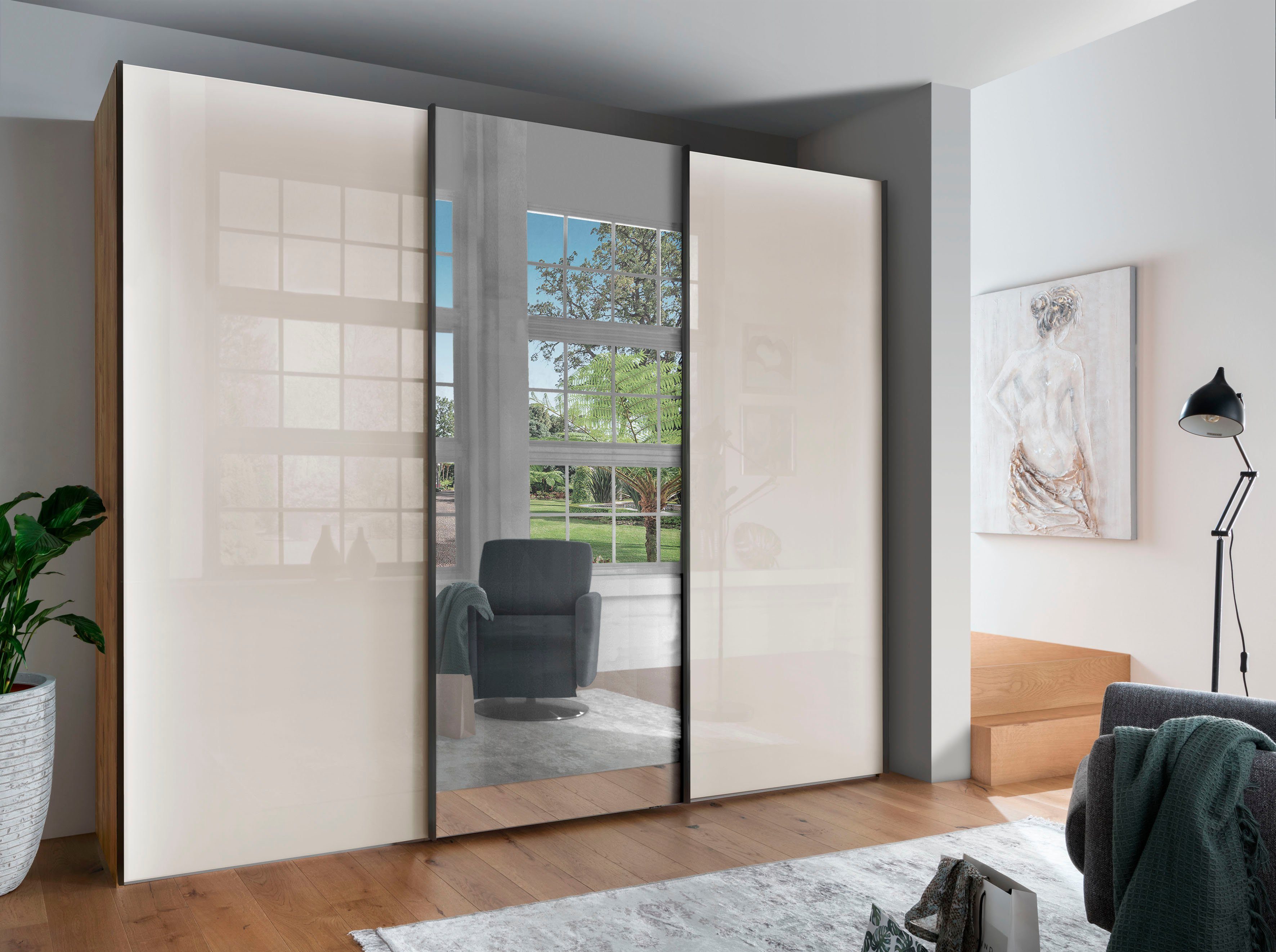 WIEMANN Schwebetürenschrank Monaco, Kleiderschrank, Schrank, Wäscheschrank, mit Schiebetüren (2 Breiten, 2 Höhen 216/236 cm auswählbar, MADE IN GERMANY) hochwertige Glas- und Spiegelfront, variable Inneneinteilung
