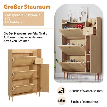 REDOM Schuhschrank aus Rattan (Schuhschrank mit 3 Kipp-Türen und 1 Schublade) Maße: B90/H125/T17 cm