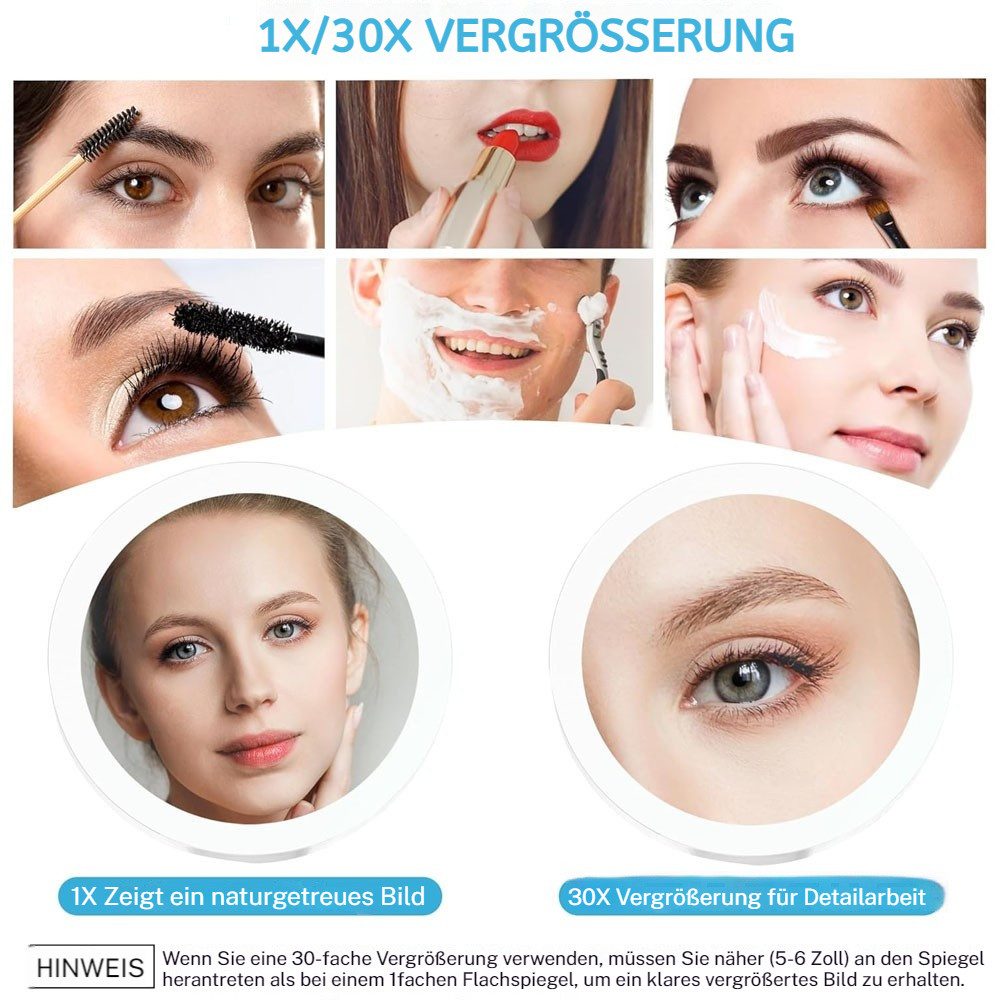 PRIISF Vergrößerungsspiegel 30 fach Kosmetikspiegel Tischspiegel Schminkspiegel Reisespiegel LED (USB Wiederaufladbarer 3-Farben Dimmbar, Aufladbar, Handspiegel, Aufstellspiegel, LED-Lichtspiegel), Beidseitig Makeup Spiegel Badspiegel für Badezimmer unterwegs