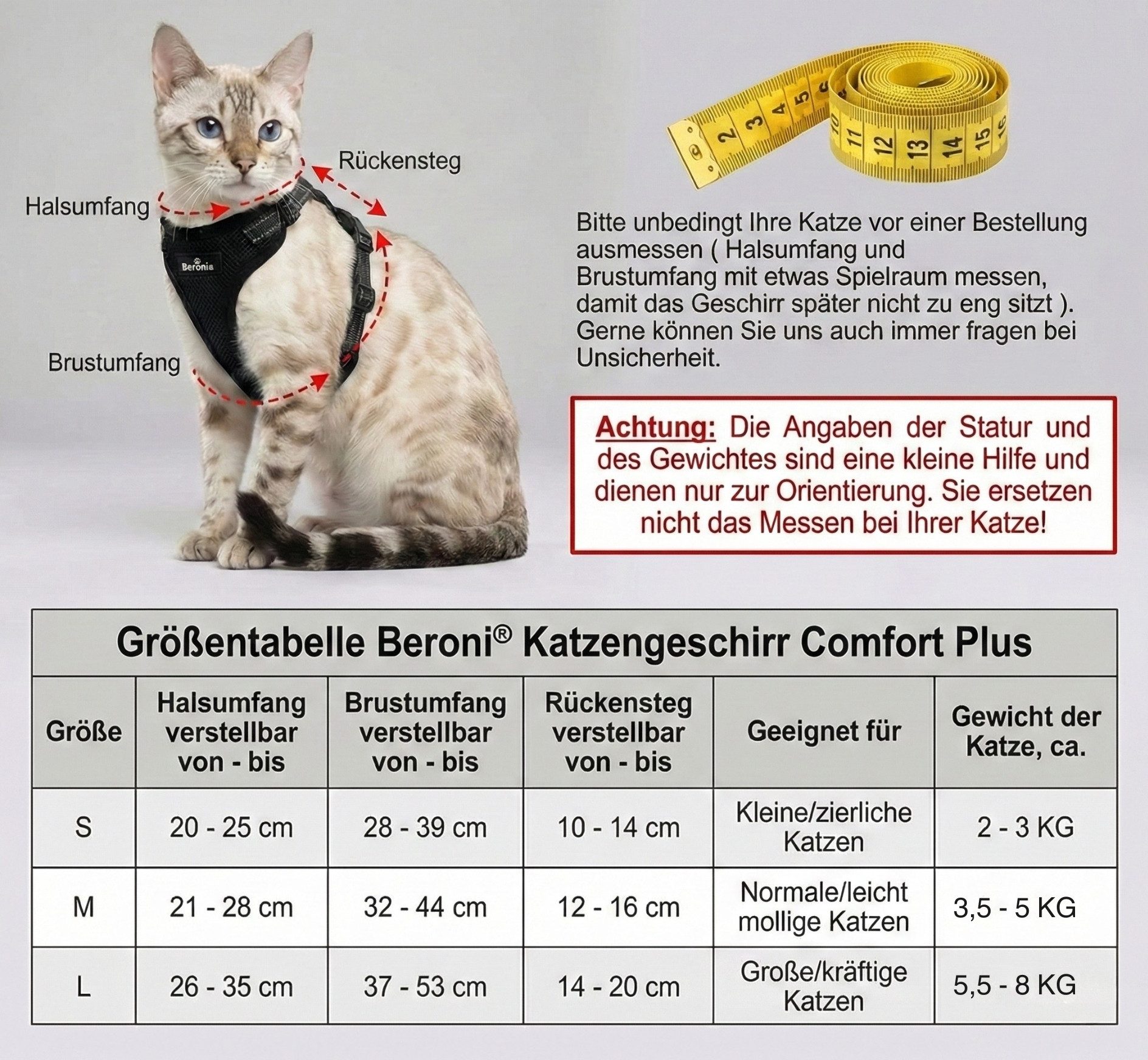 Beroni Katzen-Geschirr Katzengeschirr mit Leine für Katze ausbruchsicher, reflektierend, S - L für Bengal, Maine Coon, kleine Katzen inklusive Katzenleine