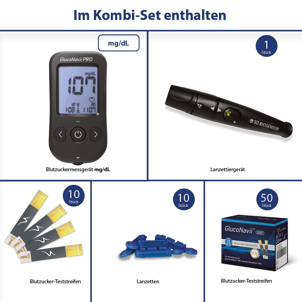GlucoNavii Blutzuckermessgerät Pro in MG, Starterset, Ink. 60 Blutzucker Tetsteifen, 10 Lanzetten und Lanzettiergerät, Blutzucker Starterset inkl. 60 Teststreifen