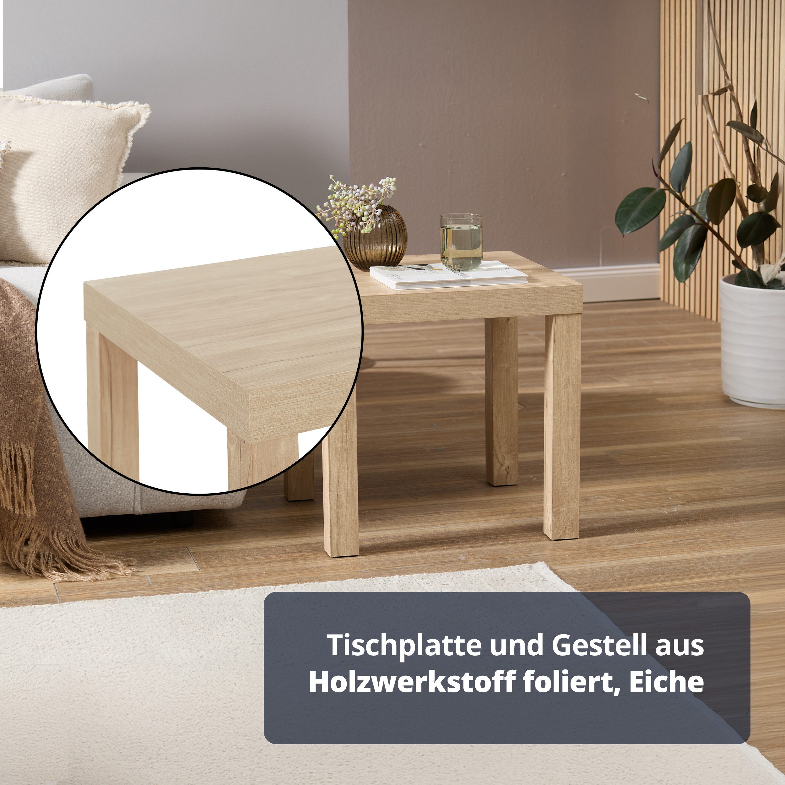 KHG Beistelltisch kleiner Couchtisch quadratisch, Nachttisch Natur Asteiche Holzoptik (Holzwerkstoff foliert, 5 kg belastbar, 45x45x45 cm, pflegeleicht, ideal f – Bild 5 von 5