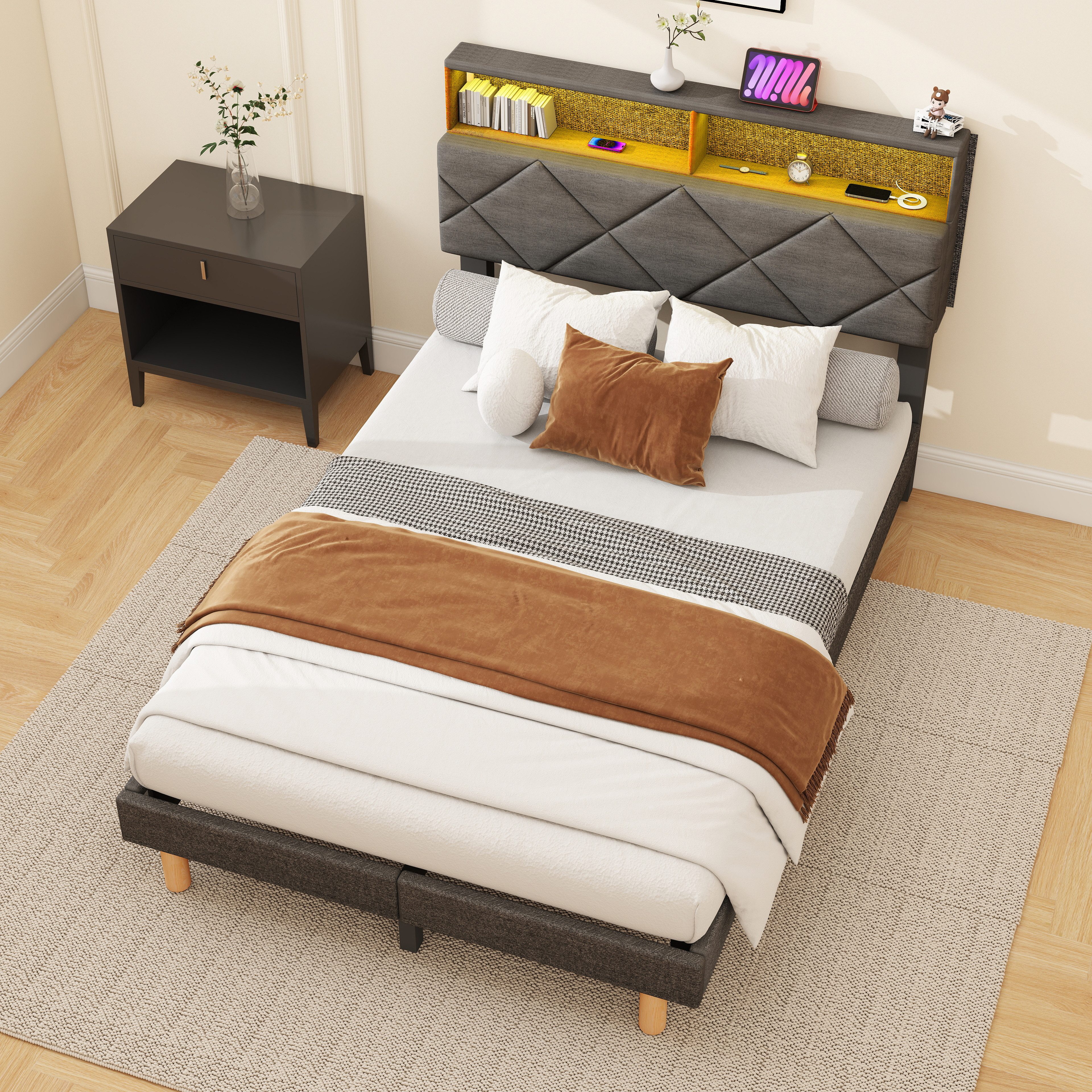 oyajia Polsterbett Stauraumbett Doppelbett LED, Leinenstoff, geräuscharm, mit Lattenrost,hochtragfähig, robust
