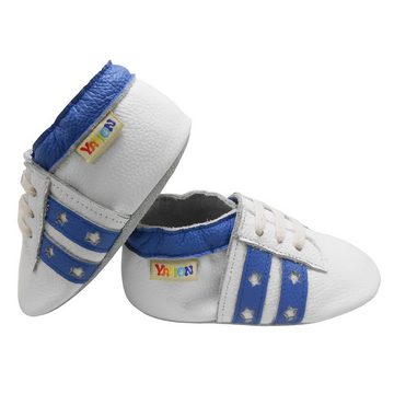 Yalion Weiche Leder Lauflernschuhe Hausschuhe Lederpuschen Streifen Blau Krabbelschuh elastisch