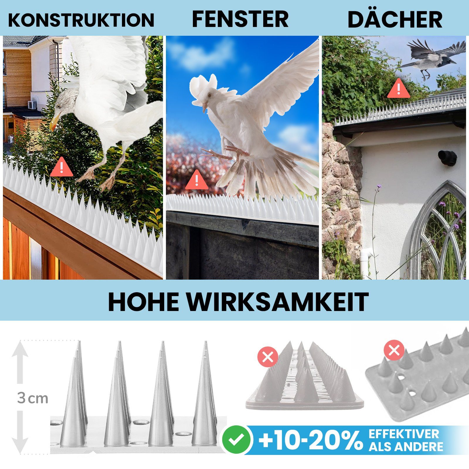 KONZEPT Taubenspikes Taubenabwehr Spikes Vogel, Katzen - für Balkon, Zaun - aus Kunststoff, 3-St., Gesamtlänge: 1,5 Meter, UV-beständig – Bild 4 von 5