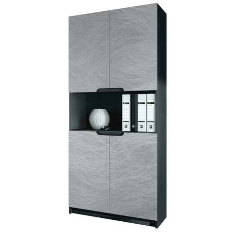 Vladon Aktenschrank Logan (Aktenschrank, mit 5 Fächern und 4 Türen) Schwarz matt/Scratchy Metal (82 x 184 x 37 cm)