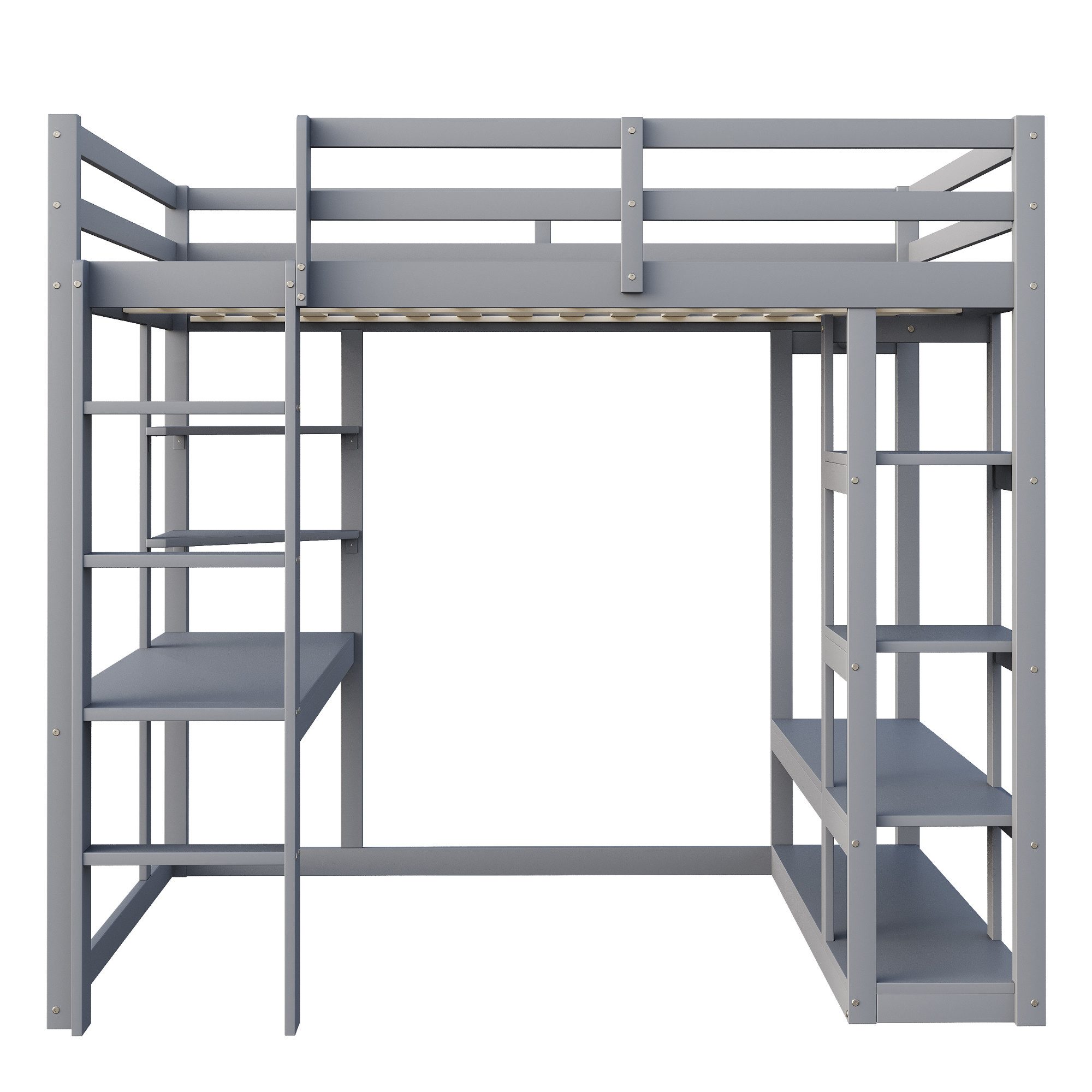 Merax Hochbett mit Stauraum und Sicherheitsleiter, Kieferholz Jugendbett (1-St) Kinderbett 140x200cm mit Schreibtisch Regalen und offener Garderobe – Bild 5 von 5