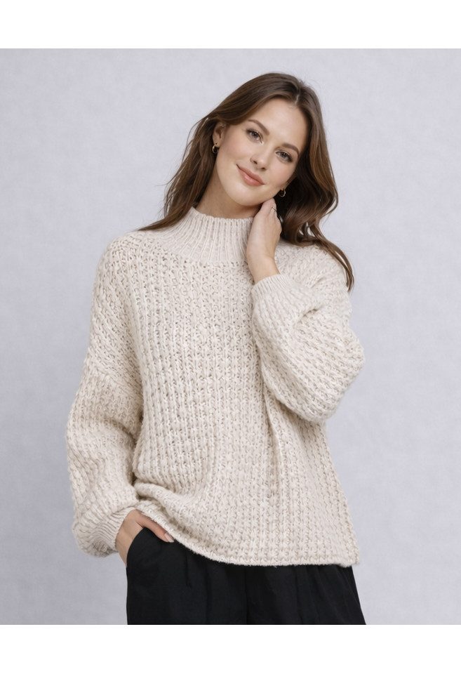 ITALY VIBES Strickpullover - Pullover - Grobstrick - Stehkragenpullover Strick Damen - Wollpullov ONE SIZE / passend für Größe M - XXL