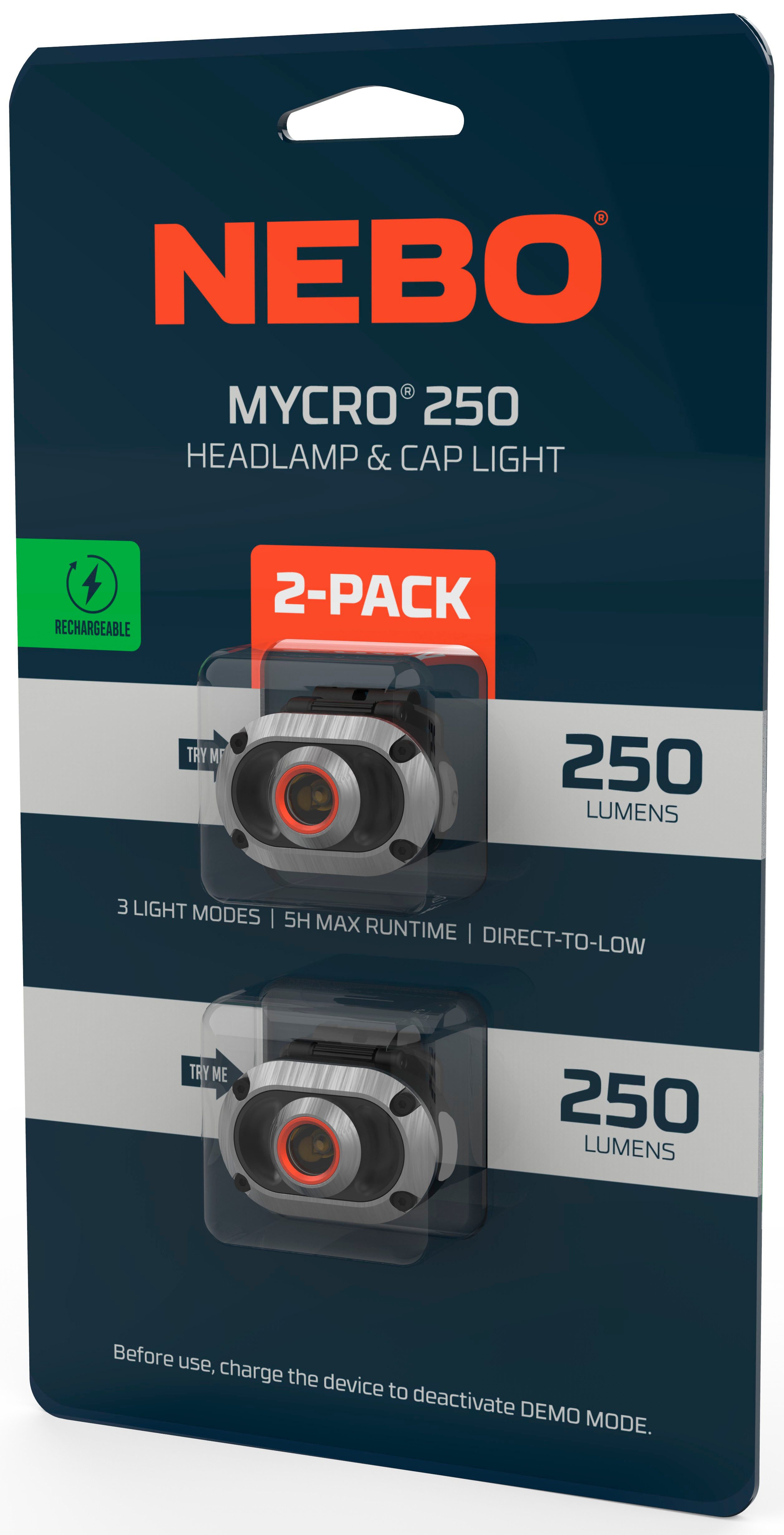 NEBO LED Stirnlampe Nebo MYCRO 250 (2 pack) (Set, 5-St., 2x Stirnlampe inkl. Ladekabel, Strinband)