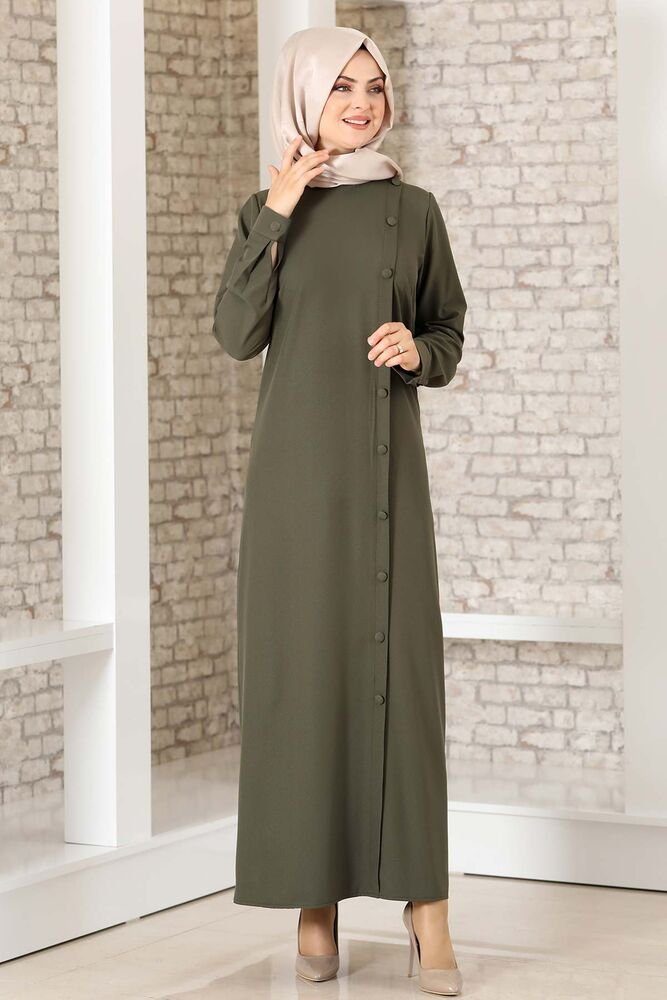 Modavitrini Hemdblusenkleid Abaya mit Knöpfen Hijab Kleid Modest Fashion Abendkleid aus Kreppstoff Khaki