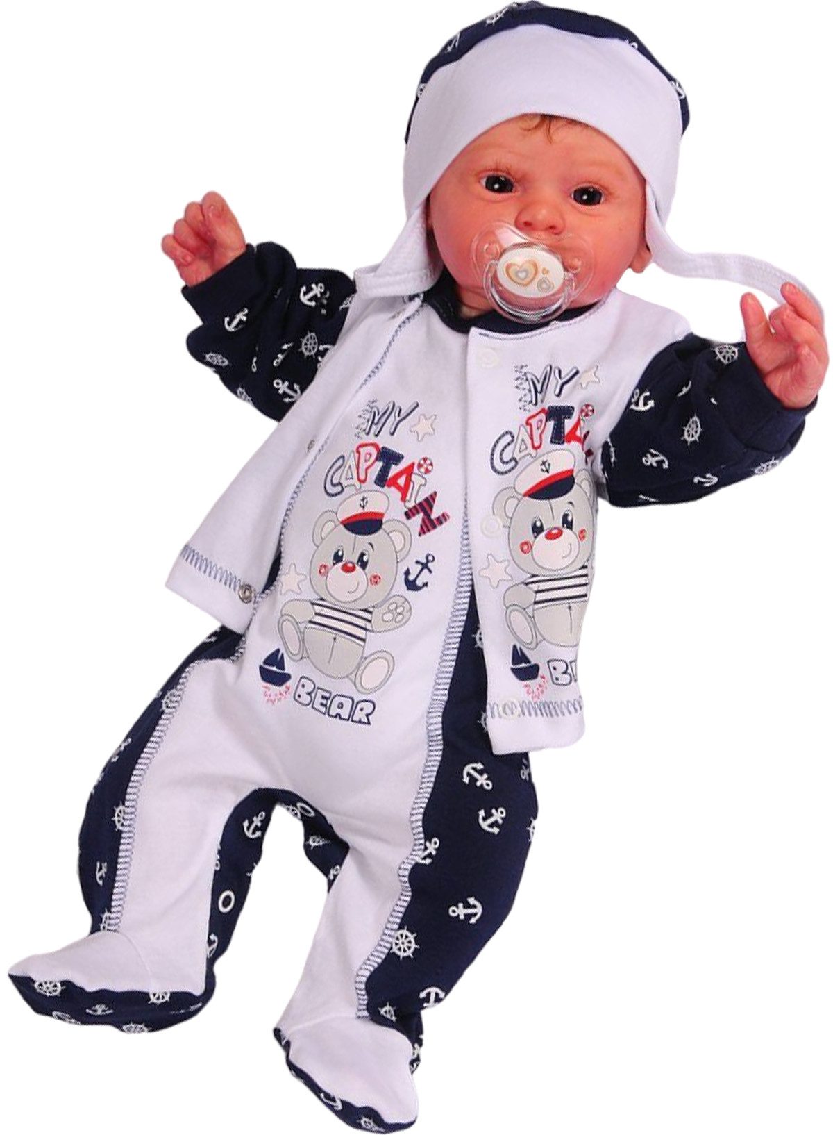 La Bortini Strampler Baby Anzug 3Tlg Strampler Hemdchen Mütze mit Anker und Bär aus reiner Baumwolle, 44-50 56 62 68 74 80 in weiß blau