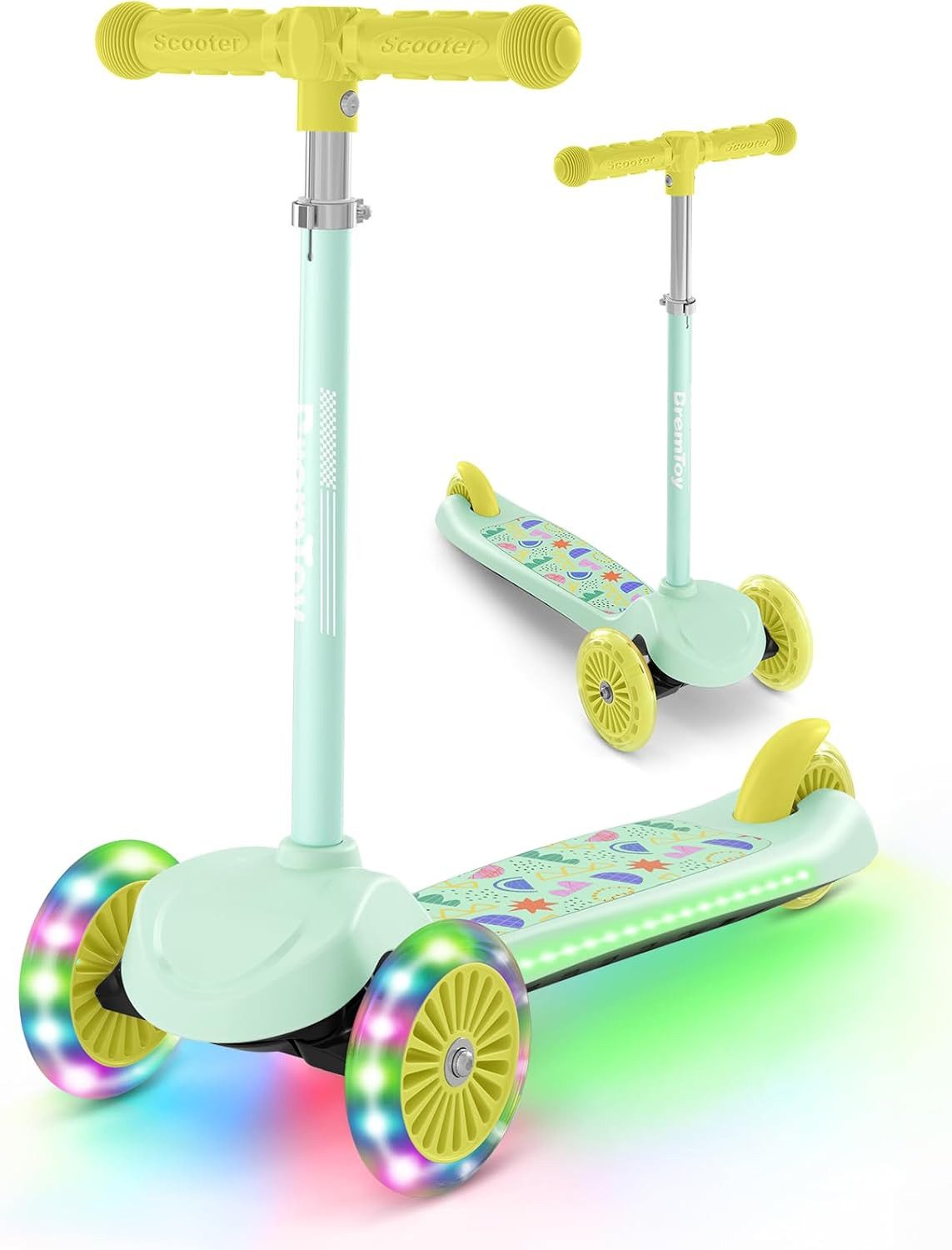 BremToy Dreiradscooter Höhenverstellbare Kinderroller mit leuchtendem Deck und PU-LED Rädern