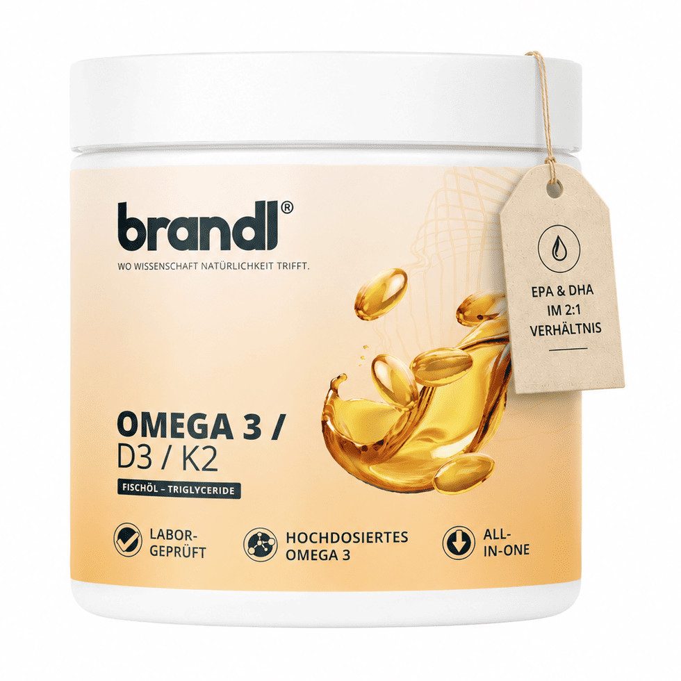 Brandl Nutrition Omega D3 K2 Kapsel hochdosiert, Premium Omega 3 mit Fischöl aus der EU Kapseln, Vitamin D3 aus Flechten, gute Kapselgröße, unabhängig laborgeprüft