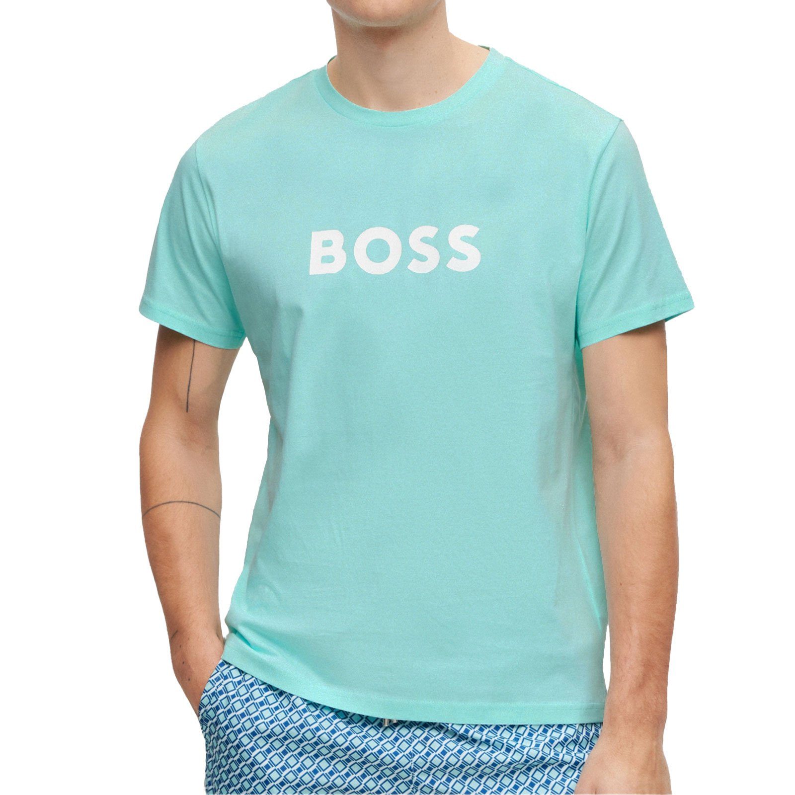 Markenprint auf BOSS T-Shirt open der Brust T-Shirt großem mit green 356 RN