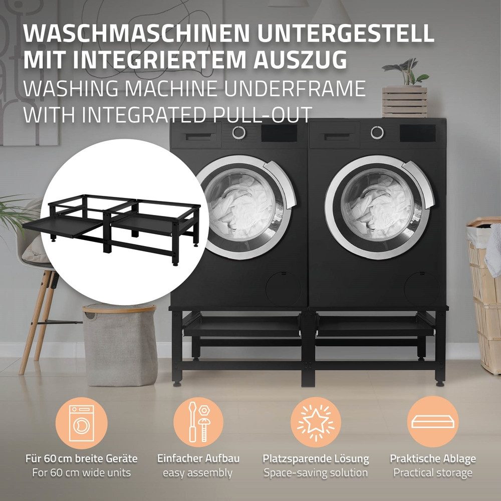 ML-DESIGN Waschmaschinenuntergestell Waschmaschinenzubehör Untergestell Unterbausockel Podest für Trockner, Zubehör für Waschmachinen, Doppel Waschmaschinen Unterbau ausziehbare Ablage 124x55x37cm Stahl