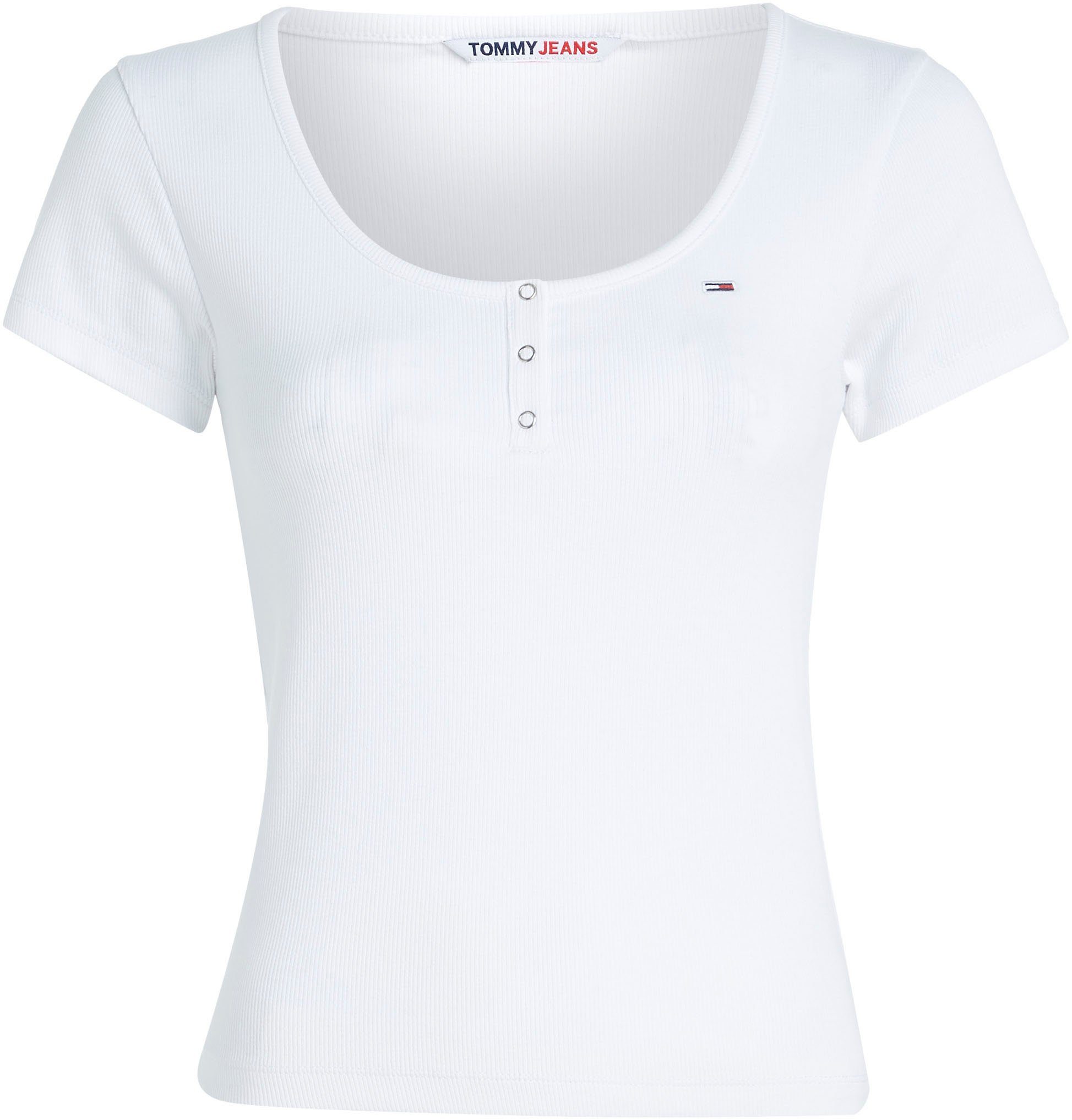 Tommy Jeans T-Shirt C-NECK mit BBY Jeans RIB Logostickerei BUTTON Tommy TJW White