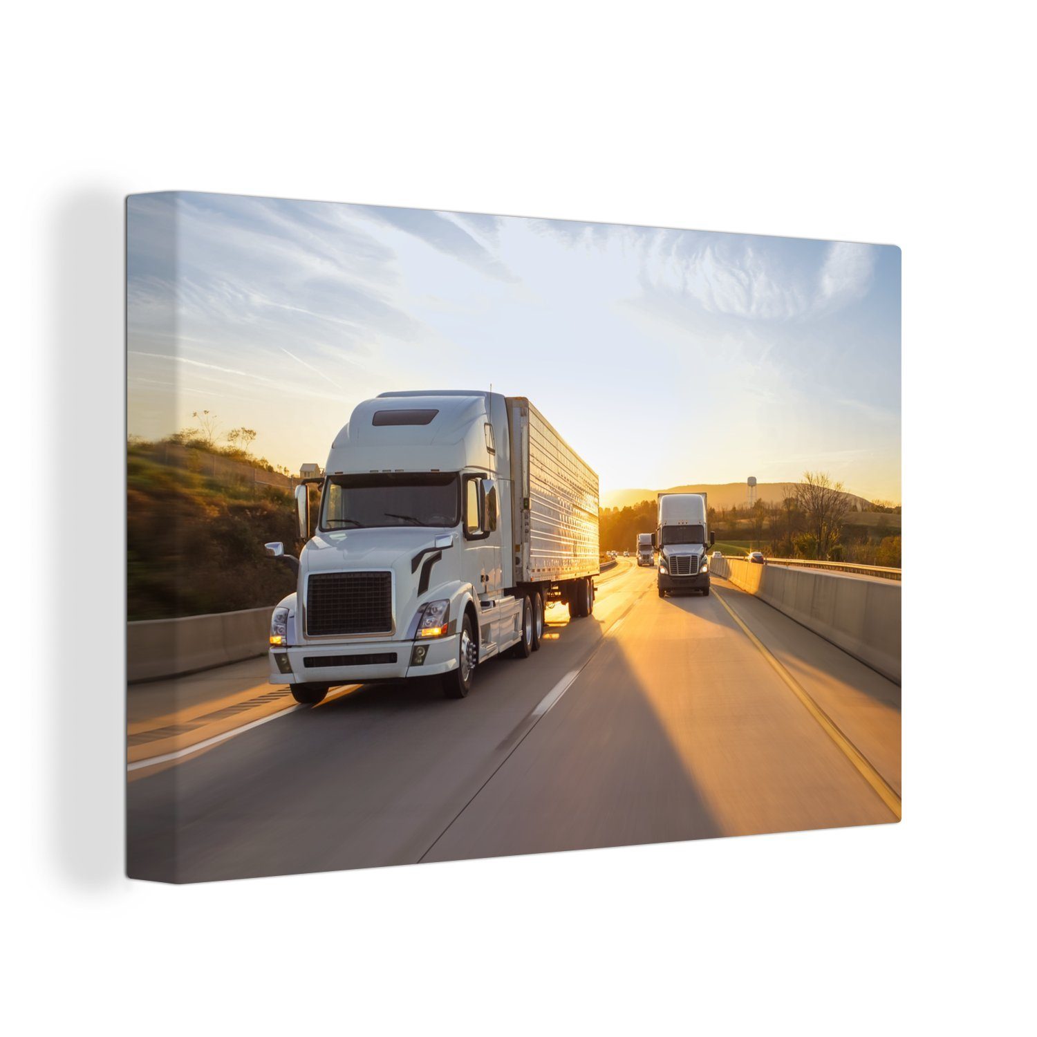 OneMillionCanvasses® Leinwandbild Zwei Lastwagen mit Sonnenuntergang, (1 St), Wandbild Leinwandbilder, Aufhängefertig, Wanddeko, 30x20 cm