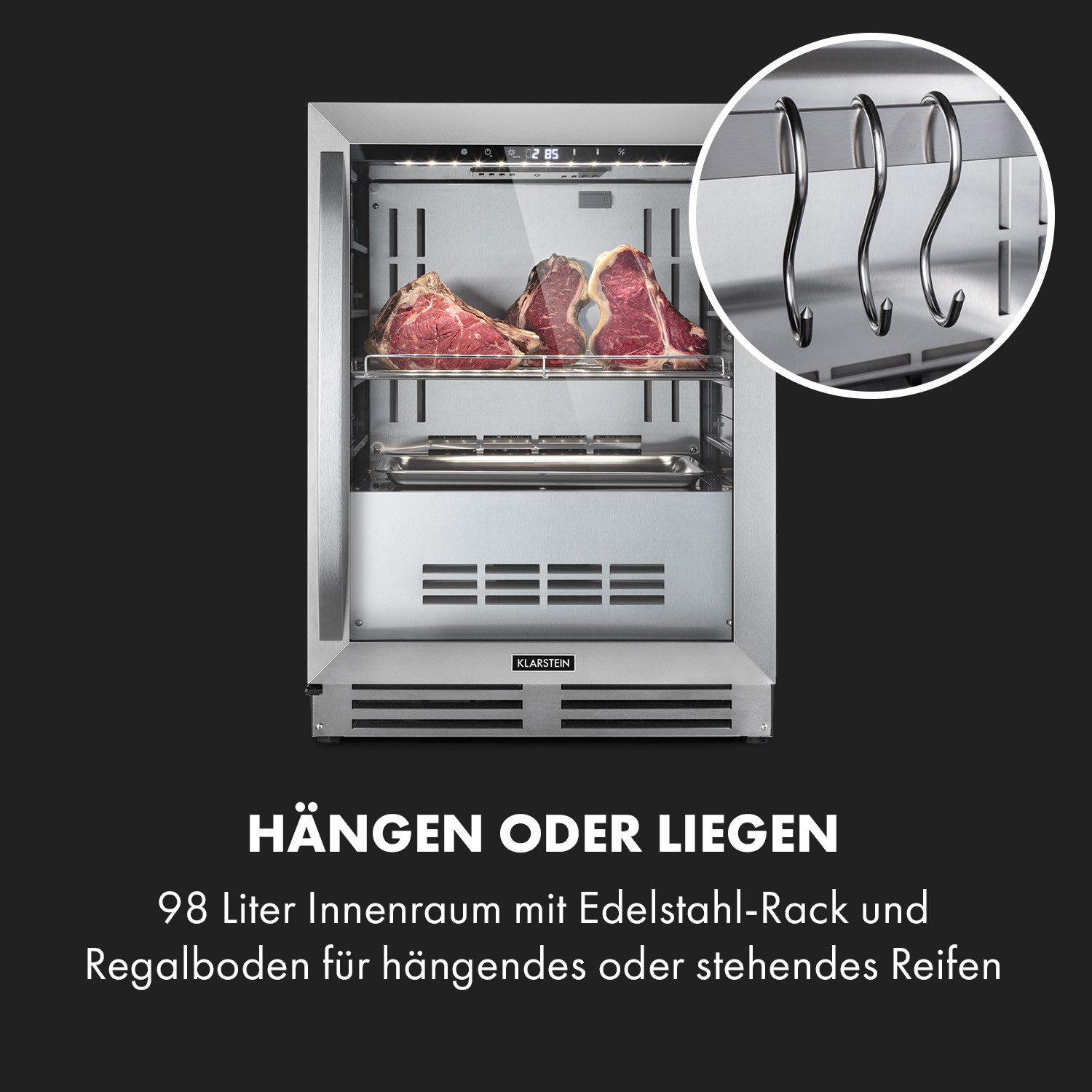 Klarstein Reifeschrank Steakhouse Pro, 98 l, Elektrische Fleischkühlschrank LED Touch Kühlen 98 L