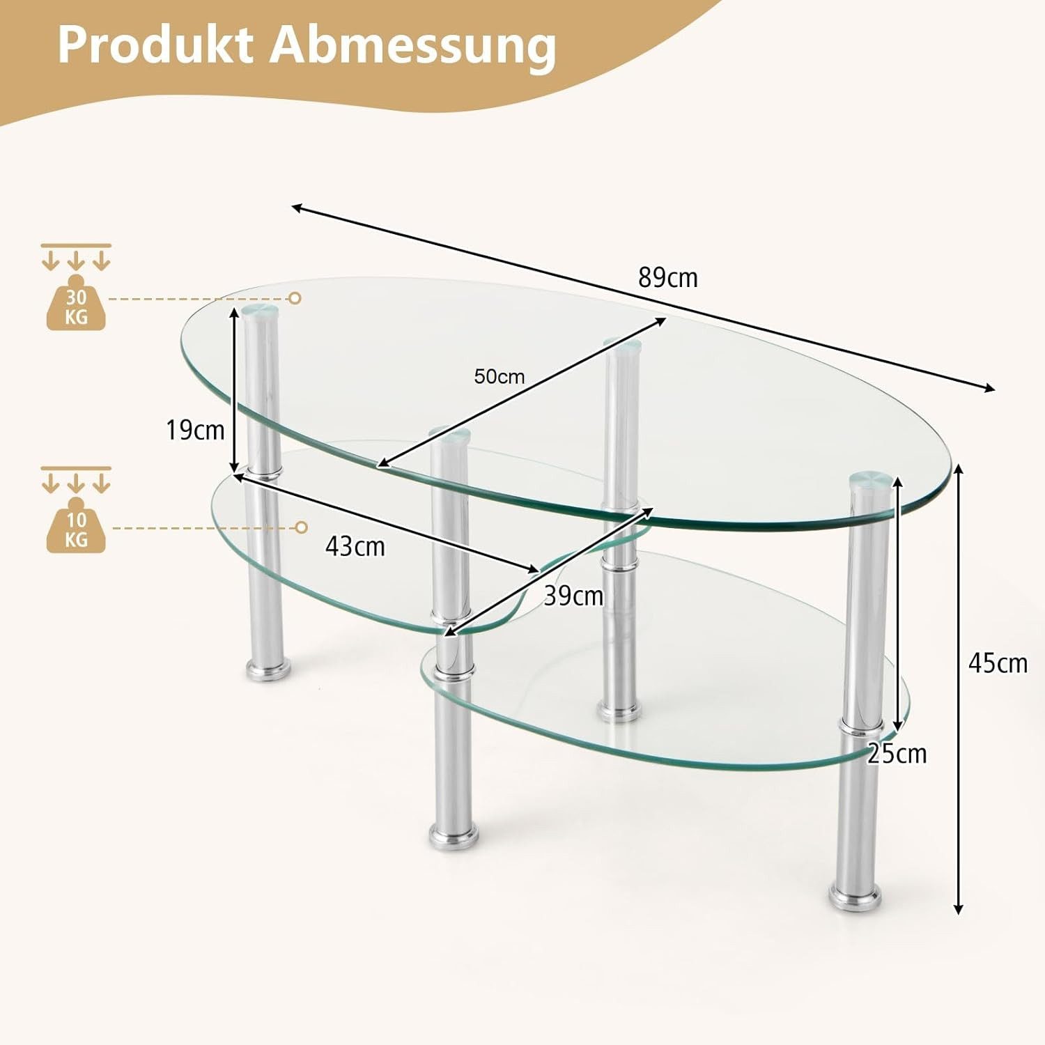 KOMFOTTEU Couchtisch Beistelltisch, 3 Ebenen Glastisch, mit Metallgestell