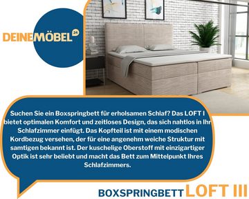 Deine Möbel 24 Boxspringbett LOFT III Boxspring Komplettbett Polsterbett Bonellfederkernmatratzen (ganz in Cord Cord-Samt, Boxbett Cord Cord-Samt 120x200 140x200 160x200 180x200 200x200), inkl. Bettkasten Topper Matratzen H3 H4 zur Ausawhl